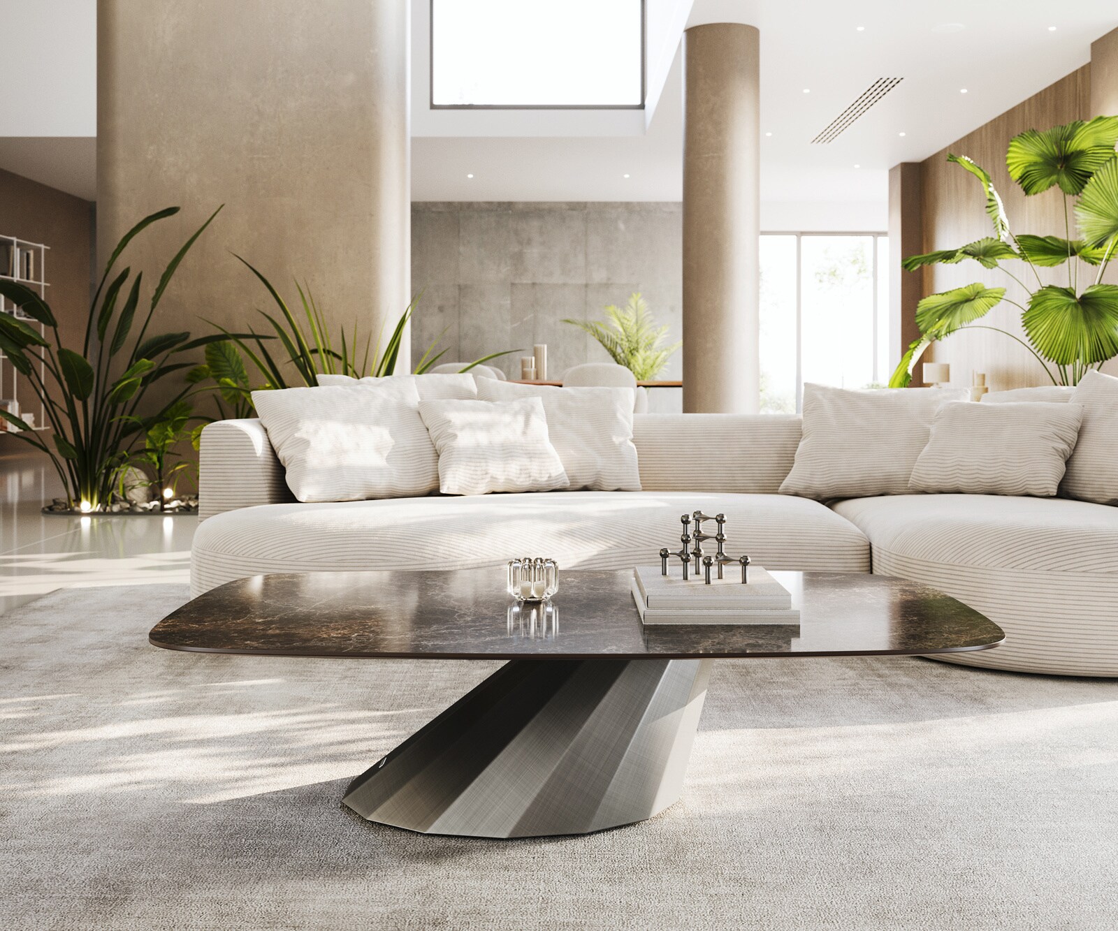 Table basse Edge bateau 140x80 cm céramique Emperador Extra Lucidato brun foncé Parabi métallique argent 2