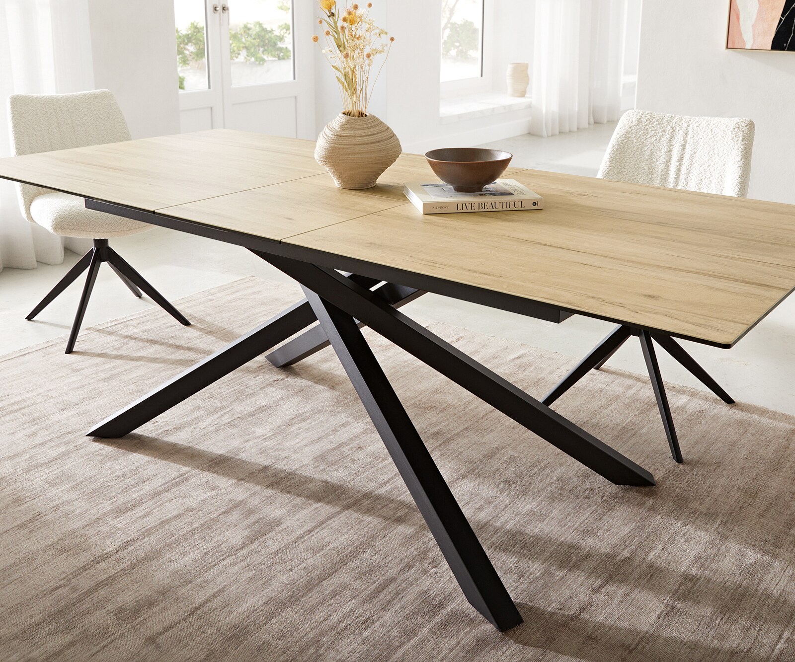 Table à manger Edge 180-220x100 céramique Laminam® Sabbia couleur chêne cadre croisé rectangulaire noir extensible 7