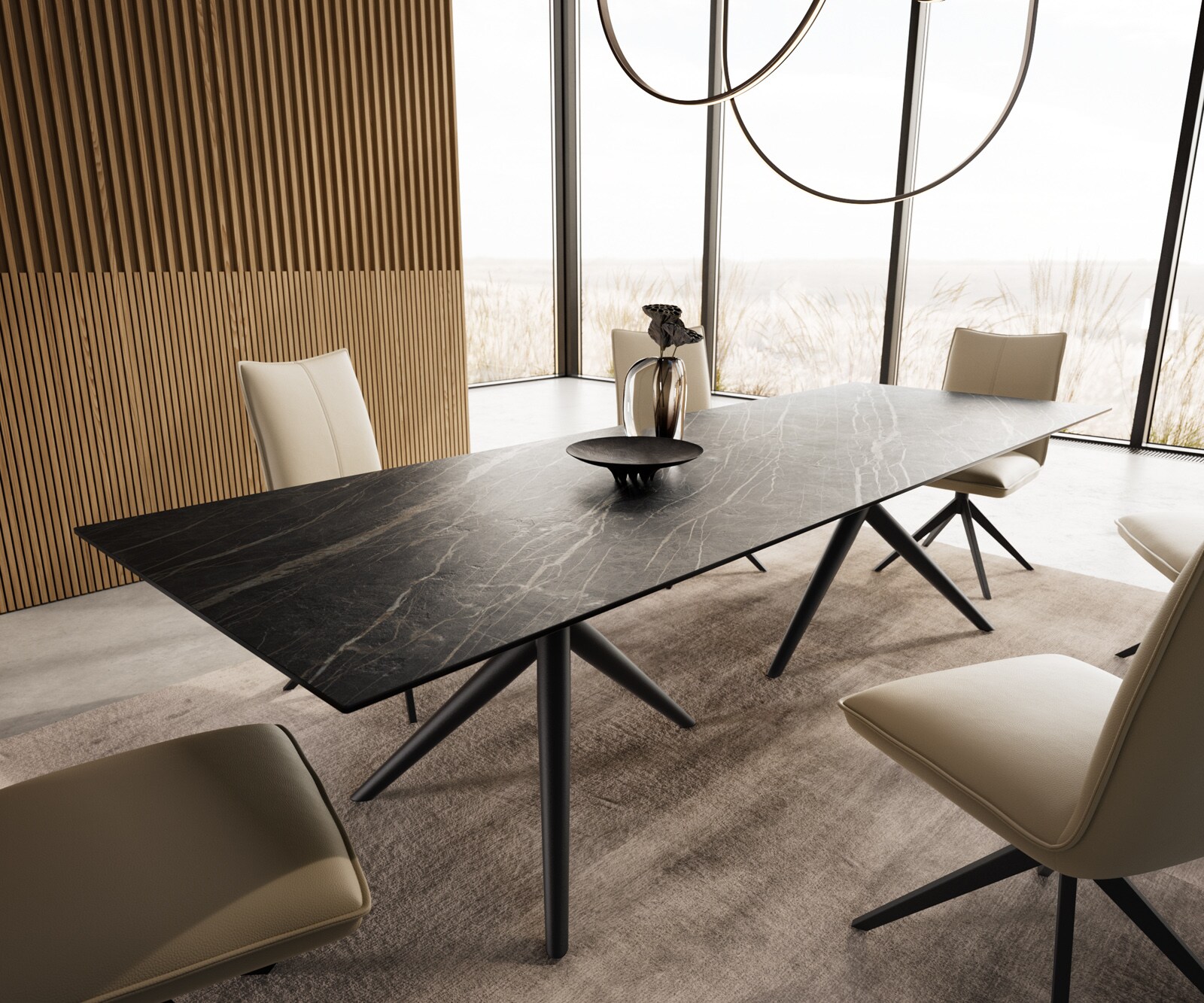 Esstisch Edge 300x100 Keramik Laminam®Noir Desir Braun Estelar rund Metall Schwarz 6