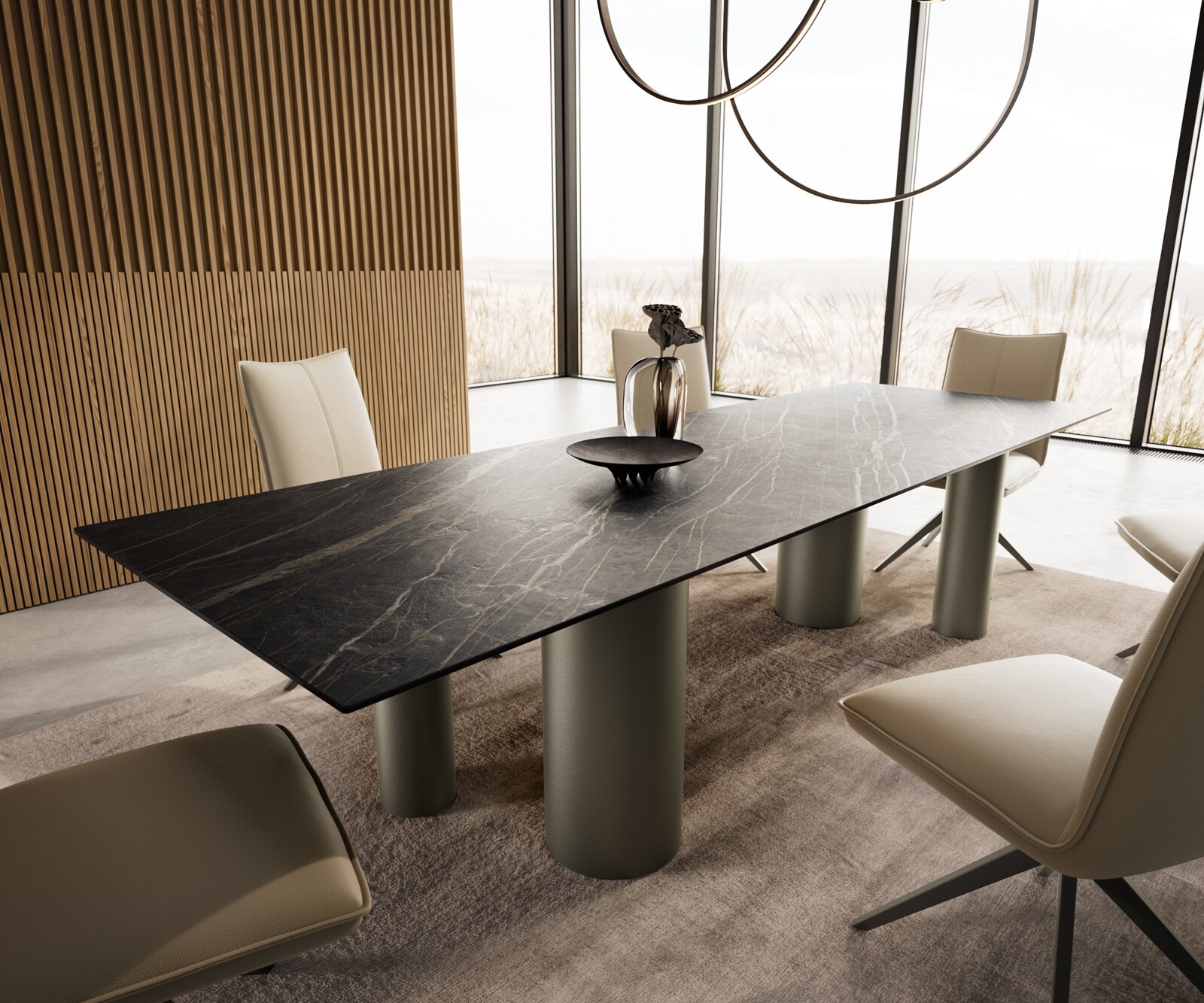 Table à manger Edge 300x100 Céramique Laminam®Noir Desir Marron Pilier Métal finition à effet Titane 7