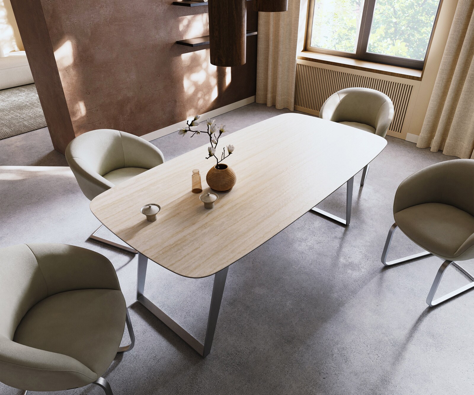 Table à manger Edge Boot 200x100 céramique Laminam® Travertino Bianco crème-blanc acier inoxydable incliné 3