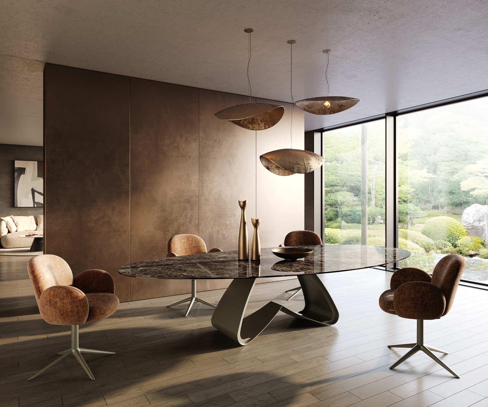 Table de salle à manger Edge Ovale 315x150 cm Céramique Emperador Extra Lucidato Brun foncé Piètement en W Métal finition effet Titane 5