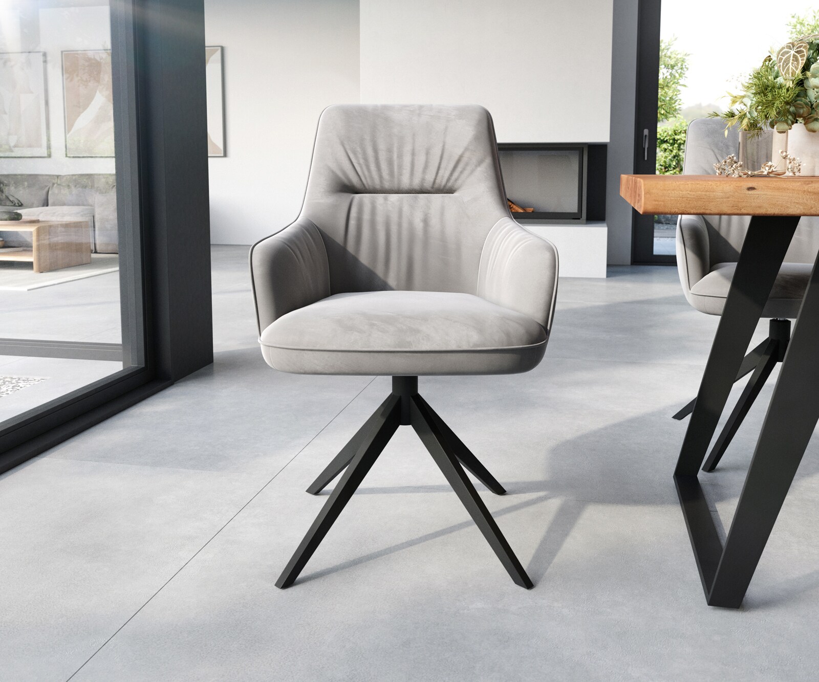 Chaise-de-salle-à-manger Zelia-Flex avec accoudoirs velours gris pied croisé large noir ressorts ensachés 1
