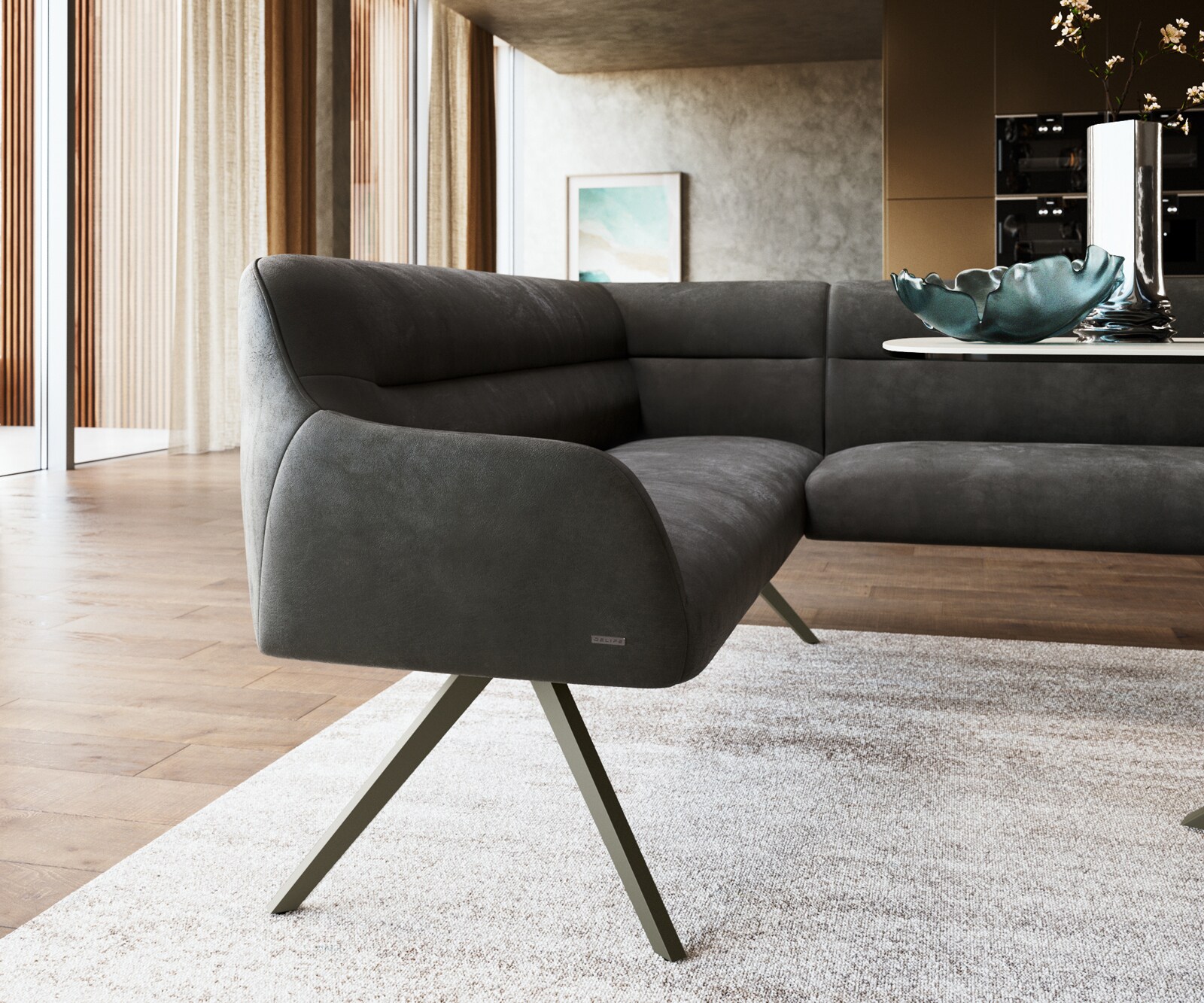 Esszimmerbank Taya-Flex 285x190 cm Mikrofaser Anthrazit Vintage Kreuzgestell kantig Effektfinish Titan Taschenfederkern Rechts 4