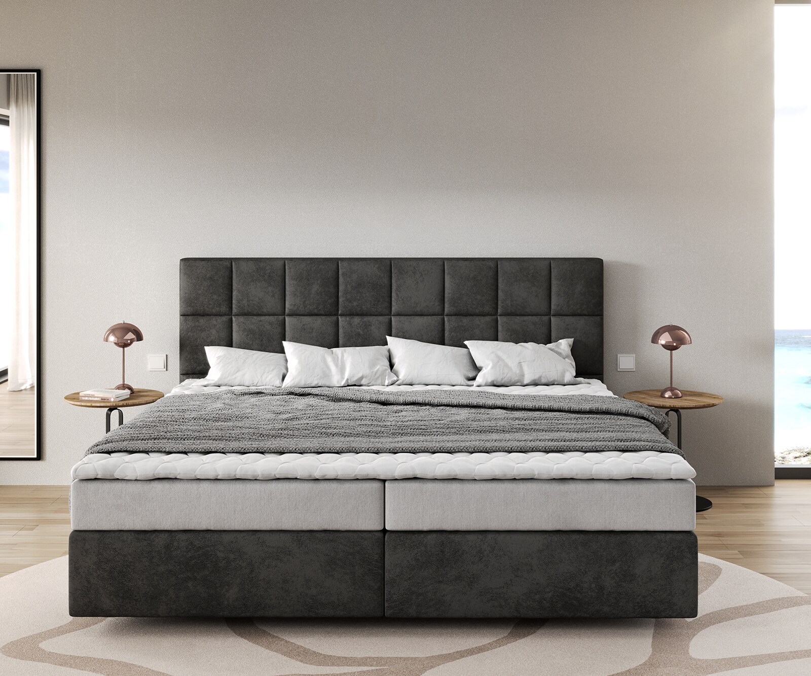 Lit-à-sommier-tapissier Dream-Fine Microfibre Anthracite Vintage 200x200 cm Matelas Bonell Surmatelas PU 1