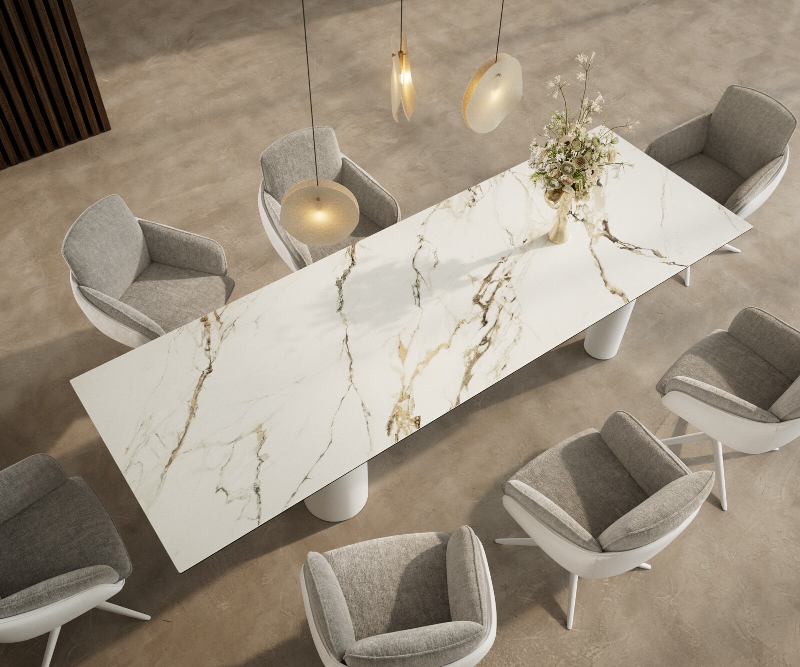 Esstisch Edge 300x100 Keramik Calacatta Luxe Weiß-Gold-Grau Pilier Metall Weiß 3