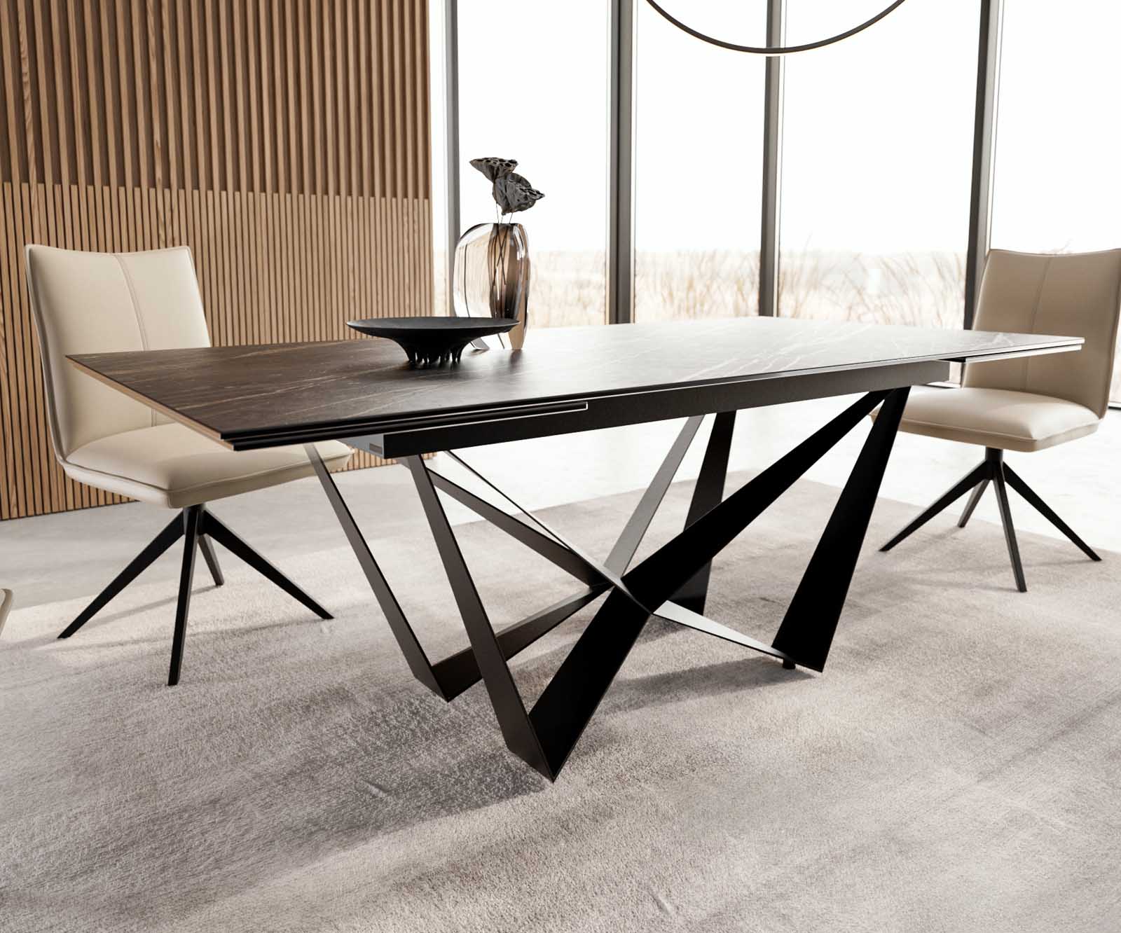 Table à manger Edge 200-300x100 céramique Laminam®Noir Desir marron Spider acier plat noir extensible 6