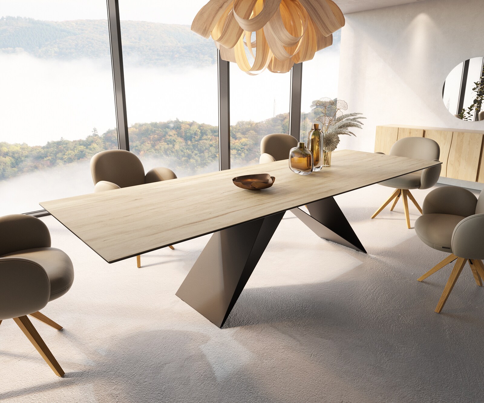 Table à manger Edge 300x100 céramique Laminam® Sabbia couleur chêne cadre en V acier plat noir