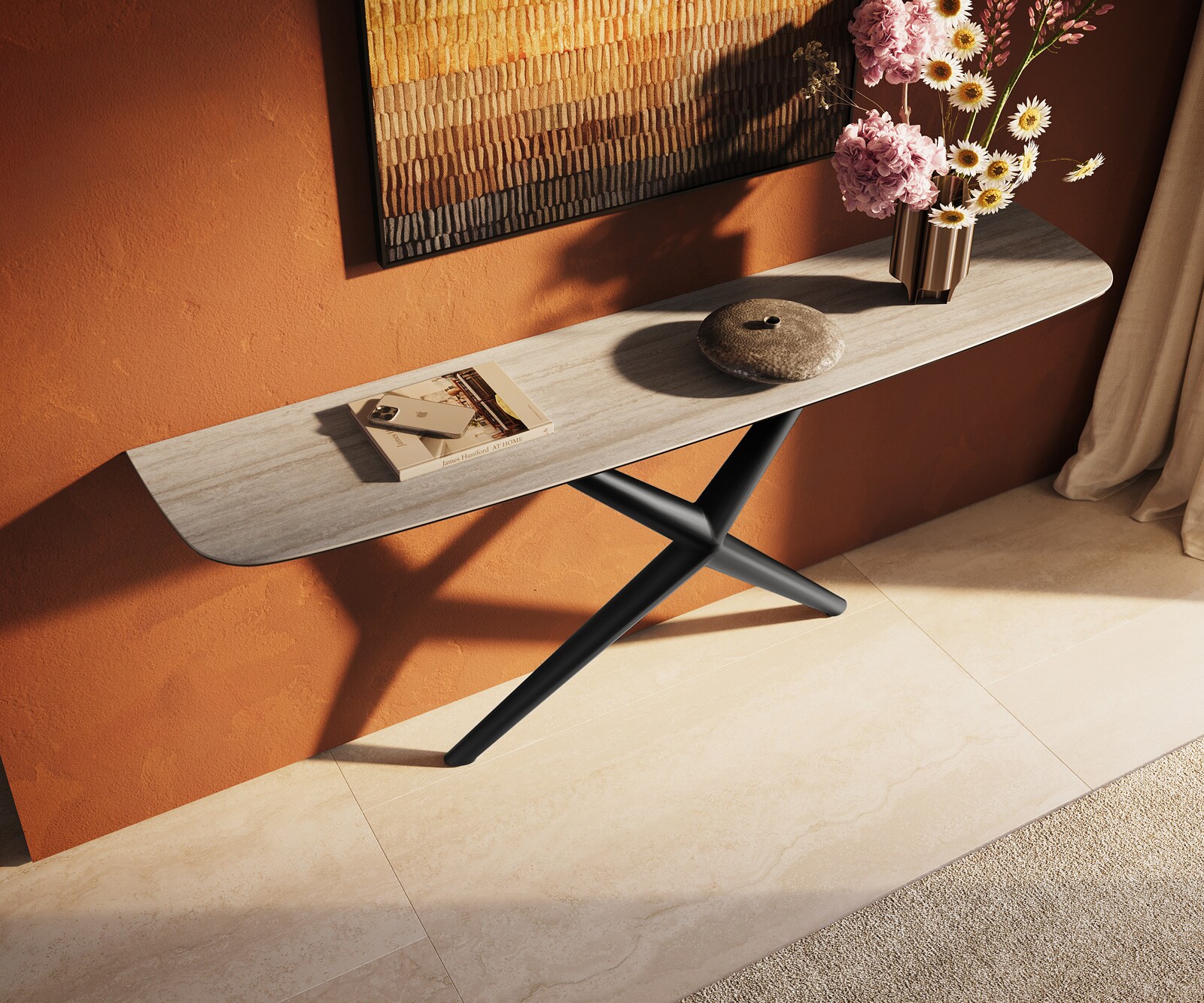 Console Edge forme bateau 180x40 cm Céramique Laminam® Travertino Bianco Creme-Weiß Estelo Métal Noir 3