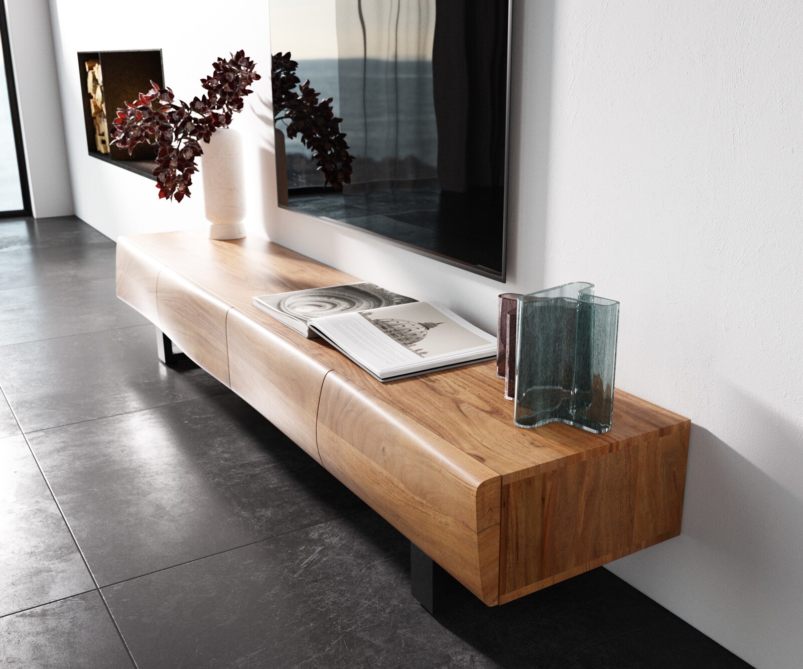 Lowboard New Live-Edge 200 cm Akazie Natur 4 Türen Kufe Metall Schwarz 2