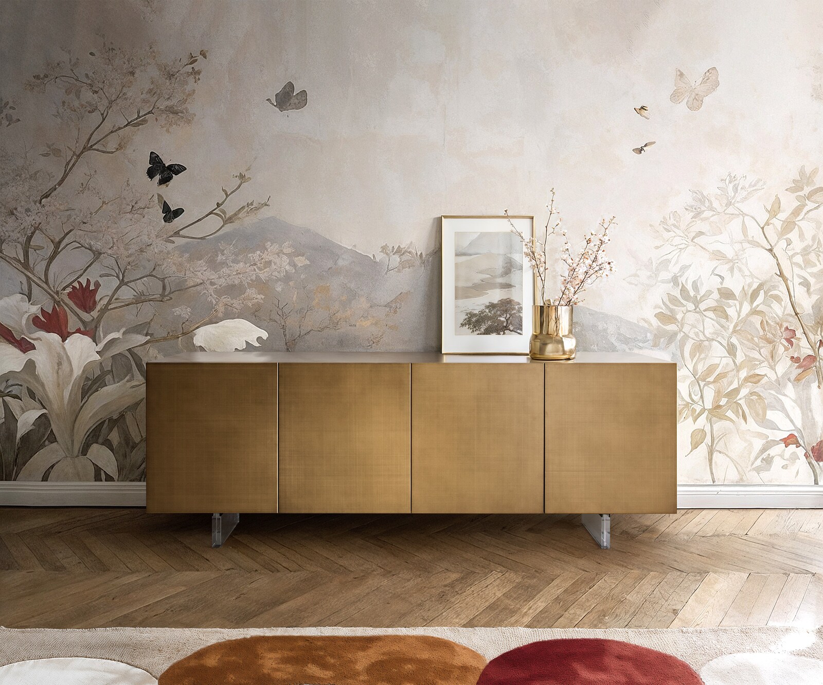 Sideboard Aira 200 cm Metallic Gold 4 Türen Acrylfuß