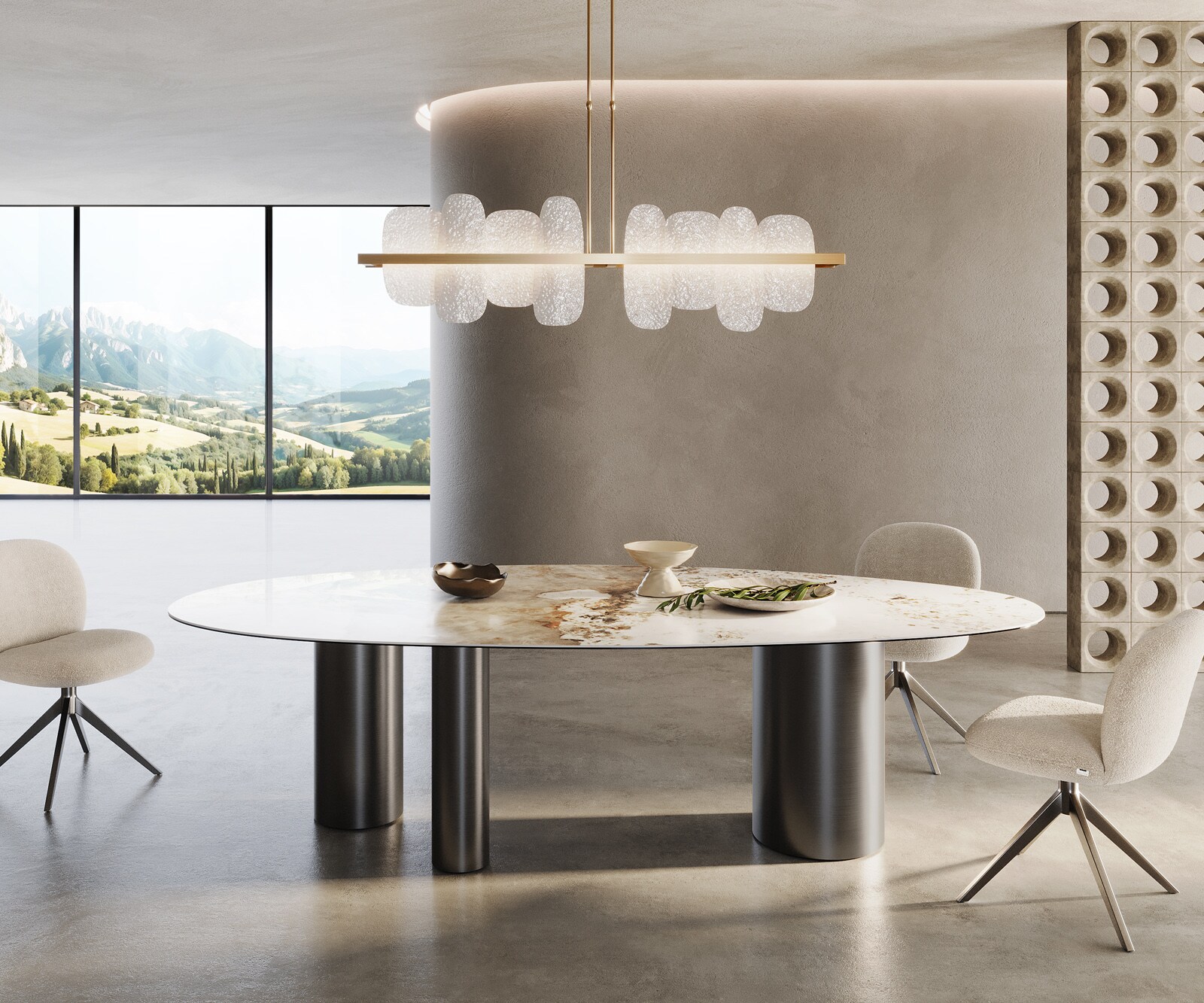 Table à manger Edge Ovale 280x130 Céramique Minas Melange Blanc-Beige Troa Acier inoxydable Graphite