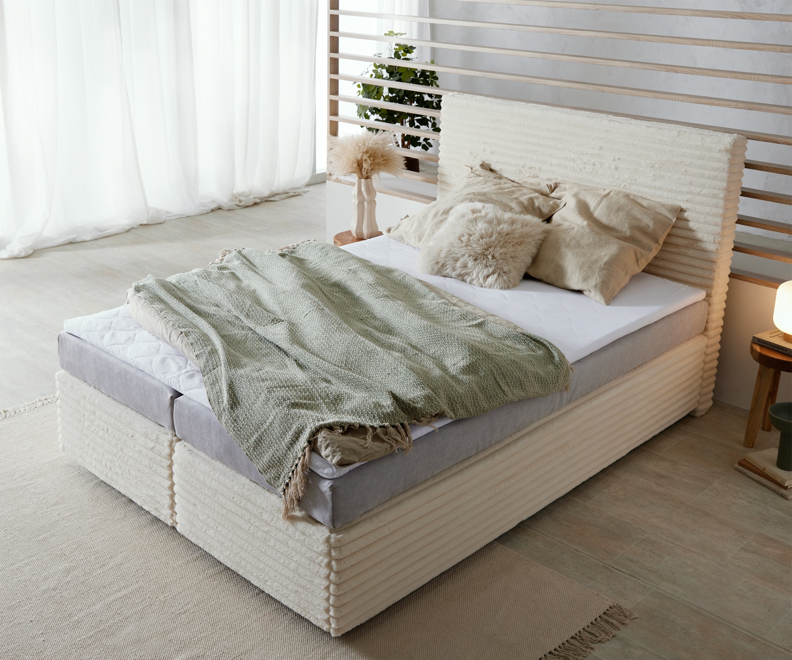 Boxspringbett Dream-Well Plüsch-Cord Beige 140x200 cm Bonell-Matratze PU-Topper 3 Boxspringbett Dream-Well Plüsch-Cord Beige 140x200 cm Bonell-Matratze PU-Topper 3