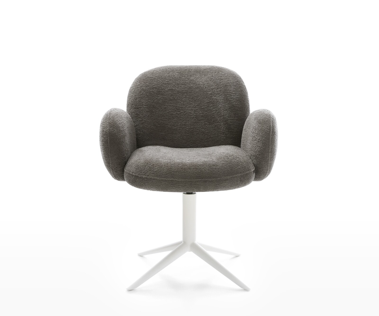 Chaise-pivotante Nube-Flex avec accoudoirs bouclé doux couleur boue pied de chaise 4 branches blanc pivotement sur 360° fonction bascule resorts ensachés 1
