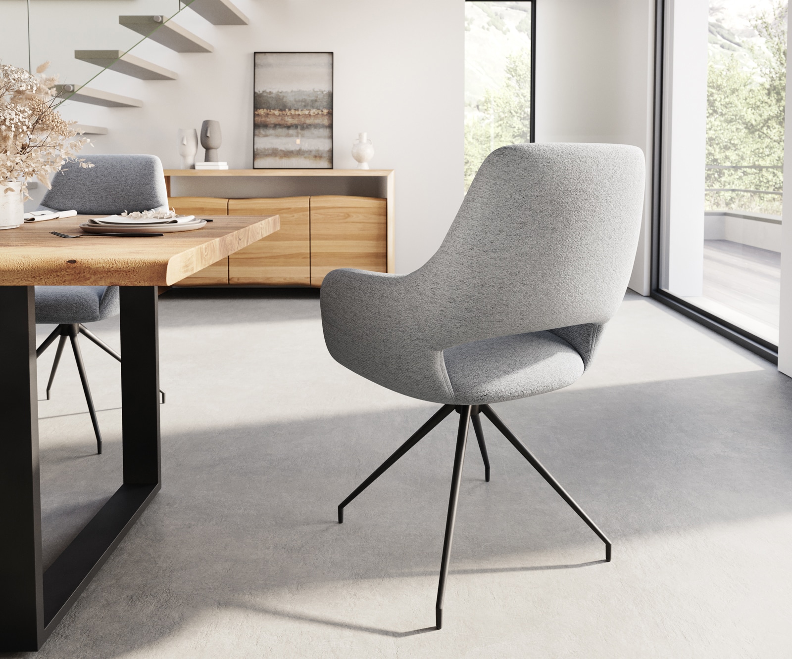 Esszimmerstuhl Yago-Flex mit Armlehnen Strukturstoff Hellgrau Kreuzgestell konisch Schwarz Taschenfederkern 4 Esszimmerstuhl Yago-Flex mit Armlehnen Strukturstoff Hellgrau Kreuzgestell konisch Schwarz Taschenfederkern 4