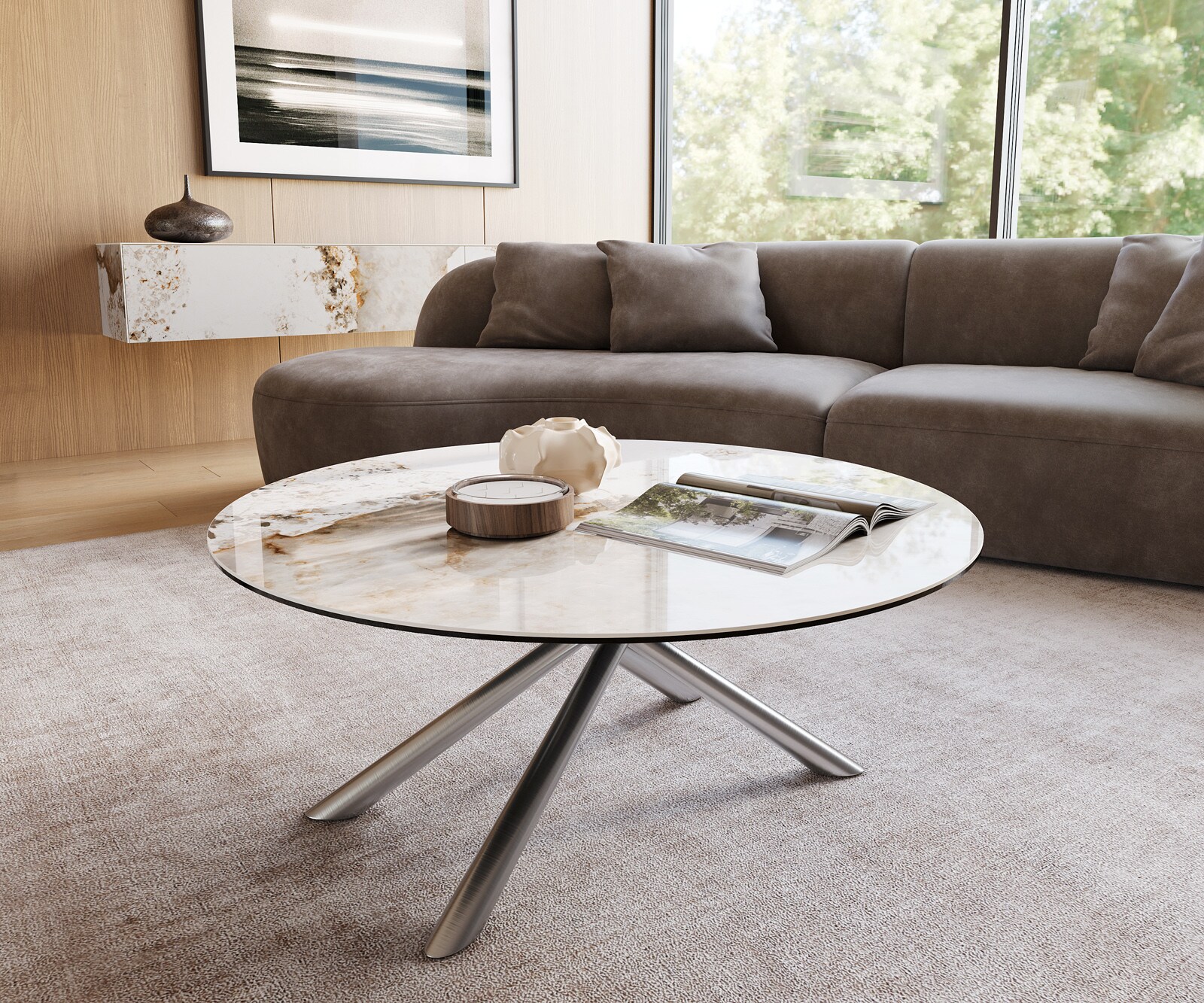 Couchtisch Edge Rund 100x100 cm Keramik Minas Melange Sarity Edelstahl gebürstet 1