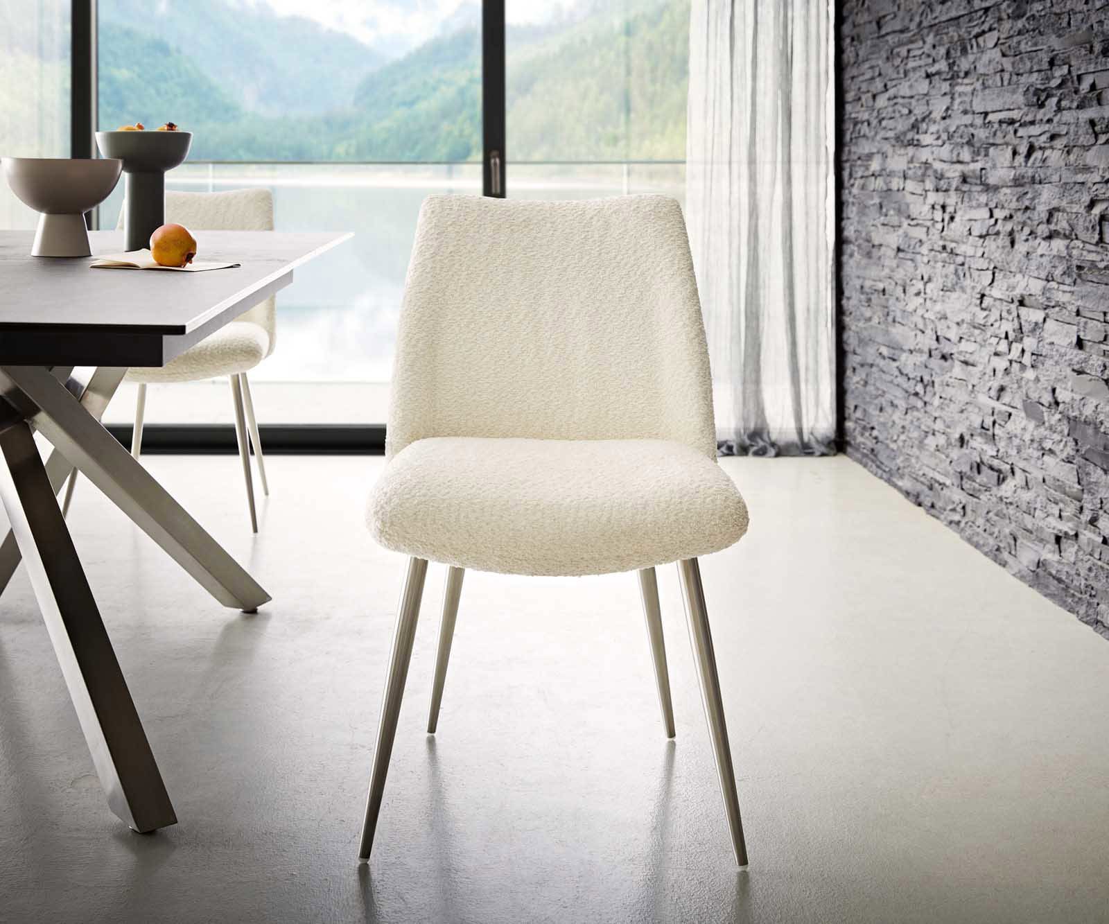 Chaise-de-salle-à-manger Elso-Flex bouclé blanc 4 pieds coniques acier inoxydable brossé ressorts ensachés 1