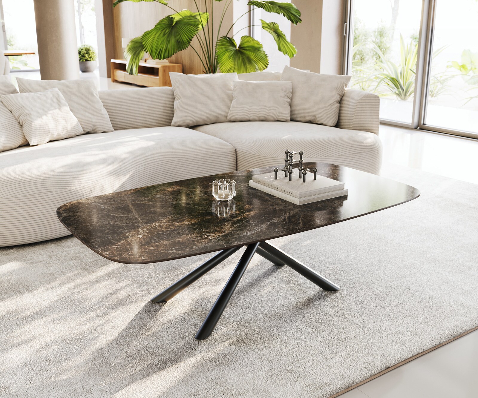 Table basse Edge bateau 140x80 cm céramique Emperador Extra Lucidato brun foncé Sarity métal noir 1