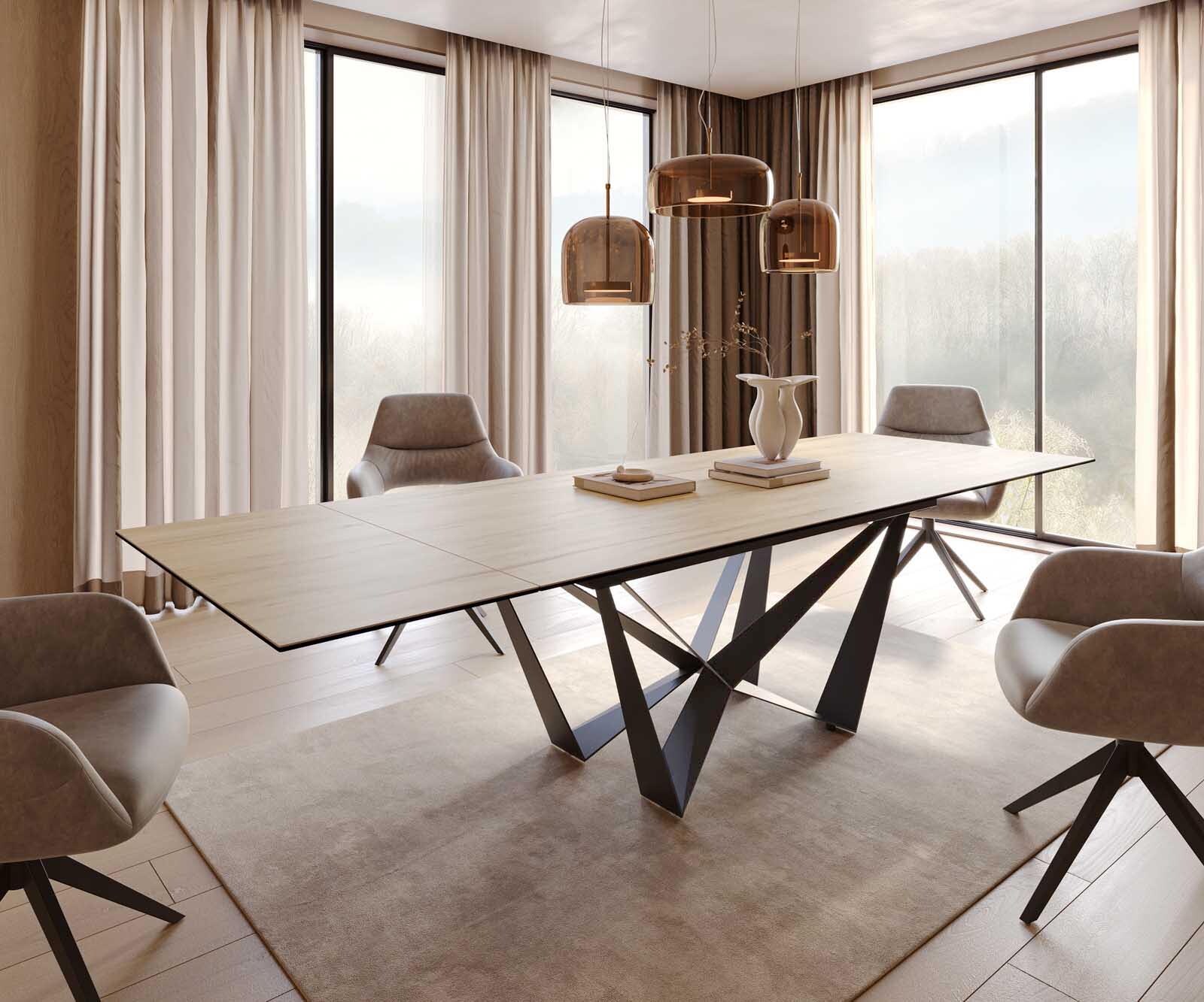 Table à manger Edge 200-300x100 céramique Laminam® Sabbia couleur chêne Spider acier plat noir extensible 1