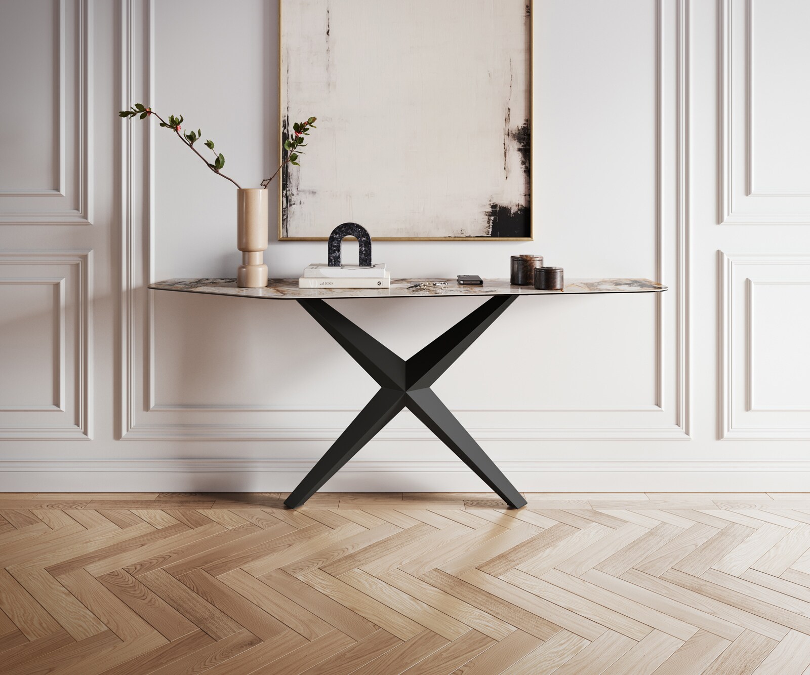 Konsolentisch Edge Polygonal 180x50 cm Keramik Patagonia Poliert Zentharo Metall Schwarz