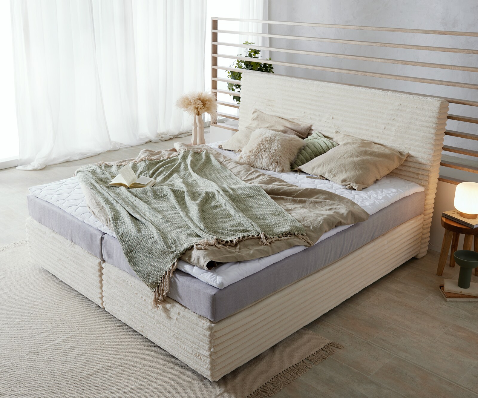 Lit-à-sommier-tapissie Dream-Well Velours côtelé en peluche Beige 180x200 cm Matelas TFK Visco-surmatelas 3