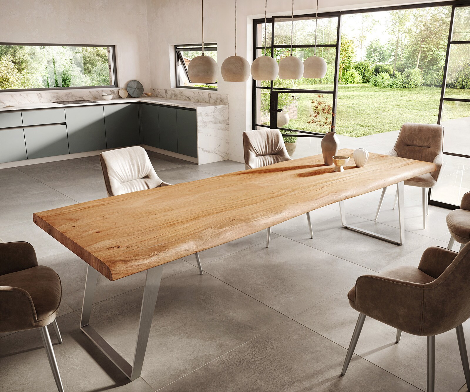 Table-à-manger Edge 300x100cm XL acacia nature acier inoxydable argent incliné Live-Edge