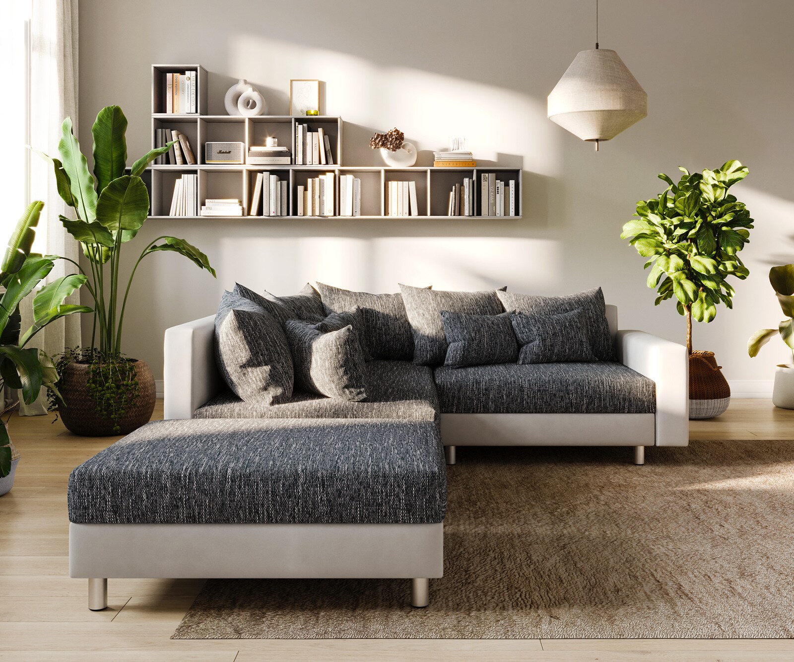 Canapé-d'angle Clovis blanc noir modulaire accoudoir Tabouret Pouf Gauche  2