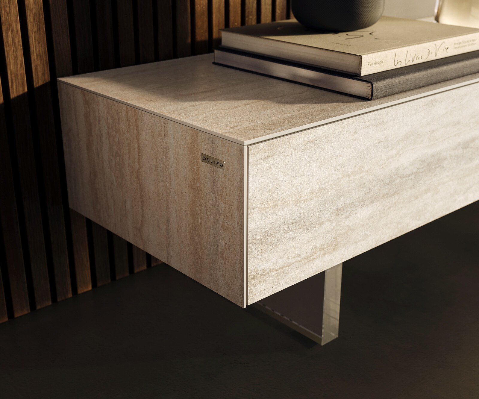Lowboard Cuor 250 cm Keramik Laminam® Travertino Bianco Creme-Weiß 1 Klappe 1 Schubfach Fuß Schwebeoptik Acrylglas 5
