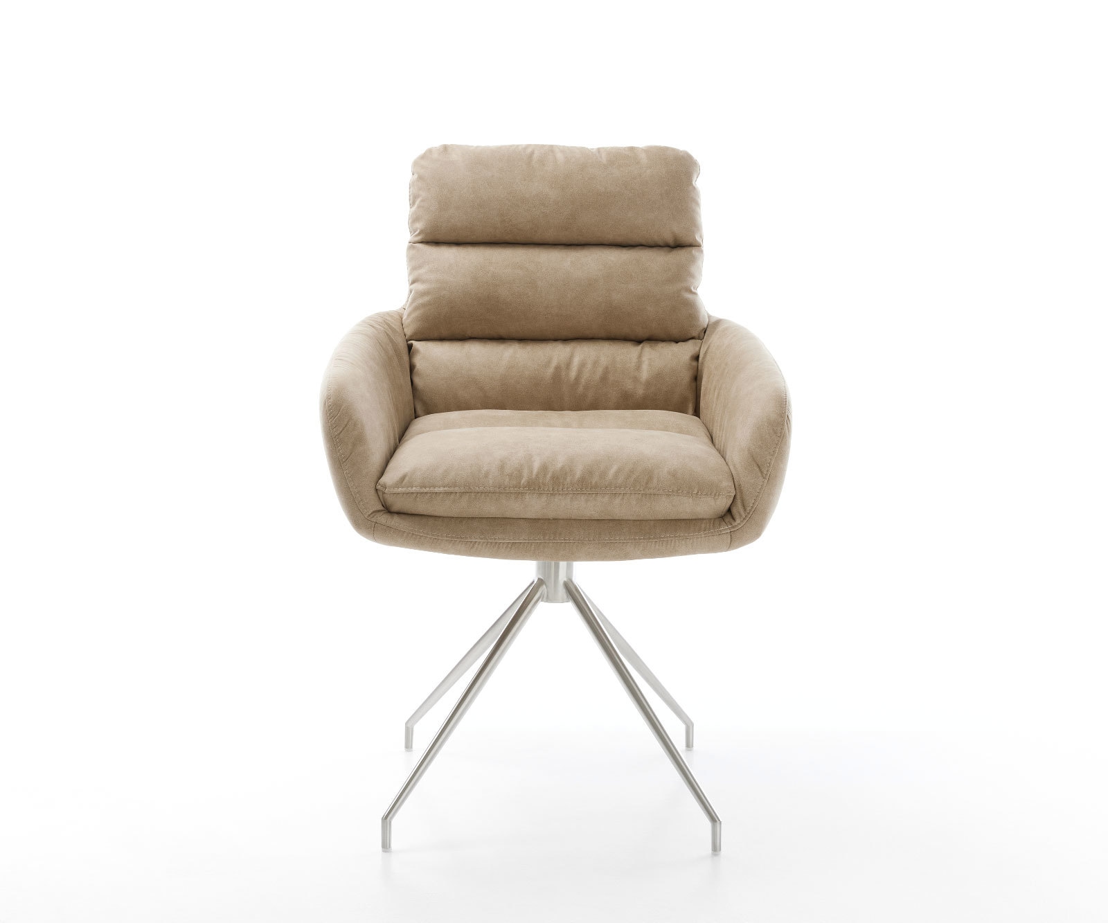 Chaise-de-salle-à-manger Abelia-Flex avec accoudoirs microvelours beige vintage pied croisé conique acier inoxydable brossé 2