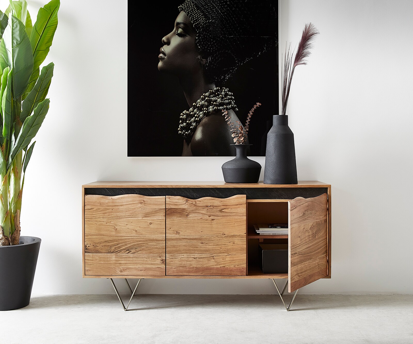 Buffet Stonegrace 147x45 cm acacia naturel 3 portes bord d'arbre 3