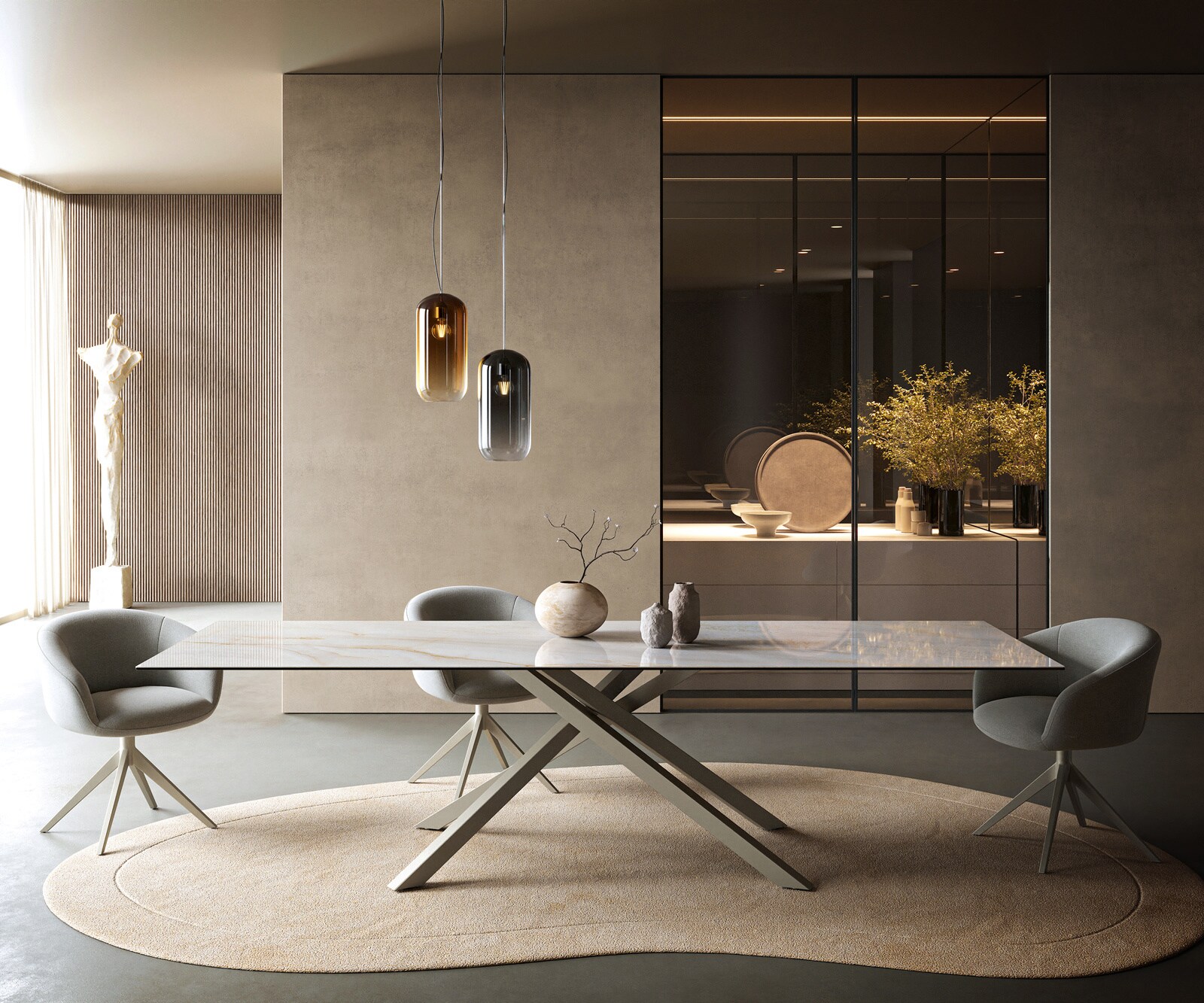 Table à manger Edge 300x100 cm céramique Onyx Pearl piètement croisé rectangulaire finition effet titane 1