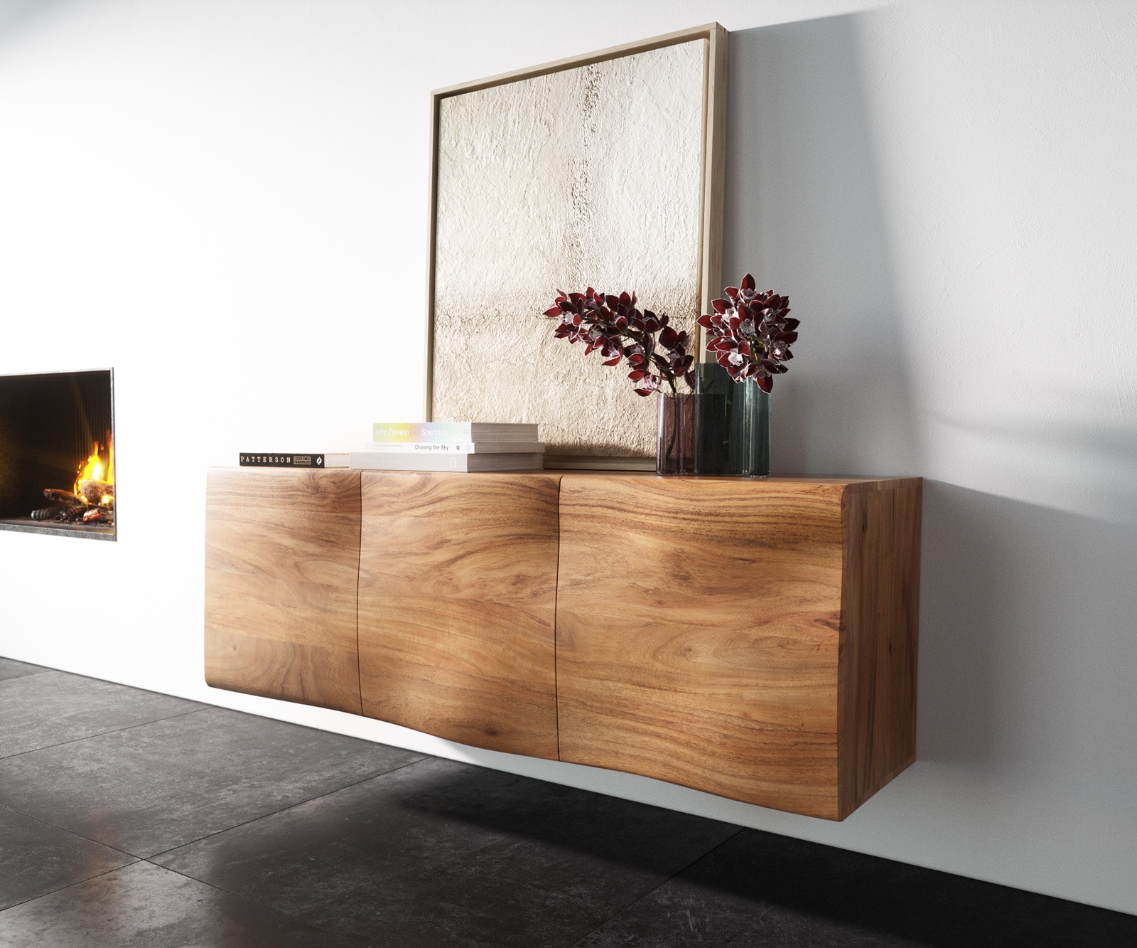 Buffet New Live-Edge 145 cm acacia naturel 3 portes fixation murale Buffet New Live-Edge 145 cm acacia naturel 3 portes fixation murale