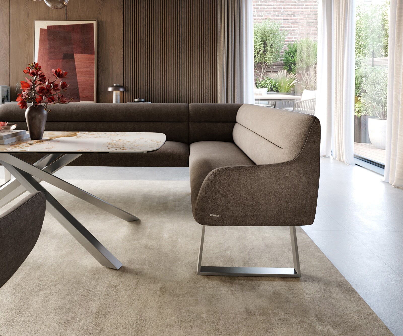 Esszimmerbank Taya-Flex 285x190 cm Strukturstoff Soft Taupe Kufengestell kantig Edelstahl Taschenfederkern Links 4