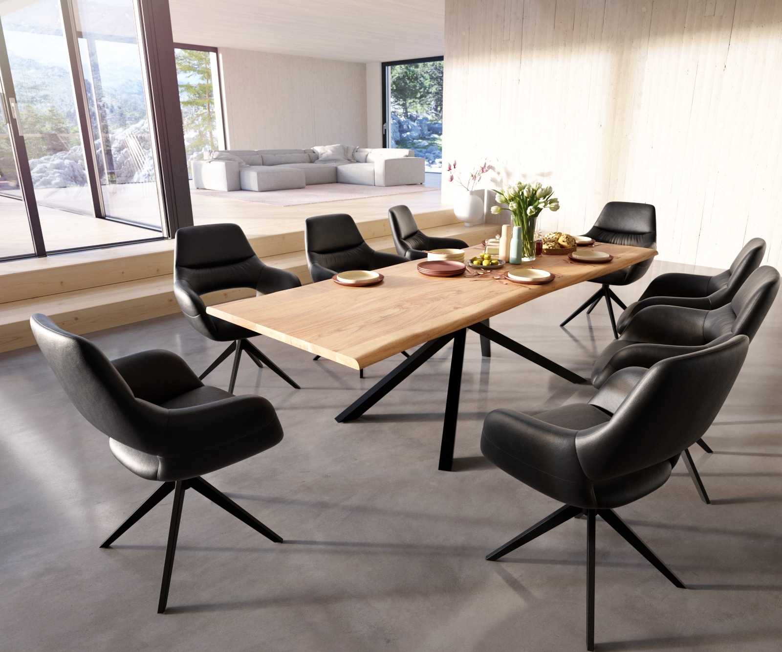 Esstisch Edge 260x100 Akazie Natur Kreuzgestell Rechteck Schwarz Live-Edge 5 Esstisch Edge 260x100 Akazie Natur Kreuzgestell Rechteck Schwarz Live-Edge 5