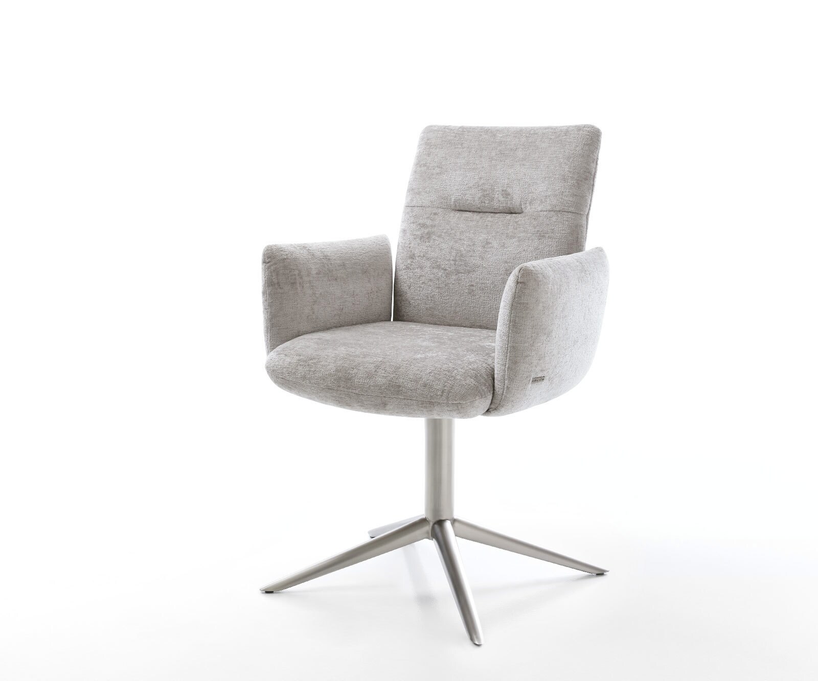 Chaise-pivotante Jova-Flex avec accoudoirs chenille gris argenté pied de chaise 4 branches acier inoxydable brossé pivotement sur 360° fonction bascule ressorts ensachés