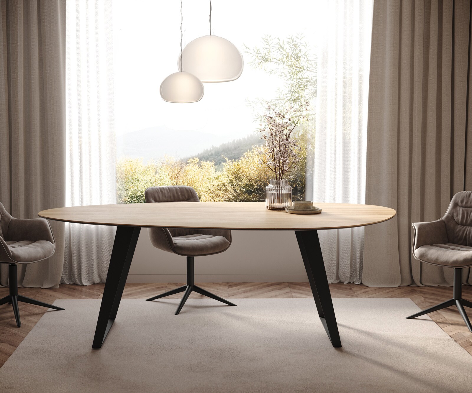 Table à manger Edge Oval 220x120 cm Céramique Laminam® Sabbia couleur chêne Métal Oblique Noir 1