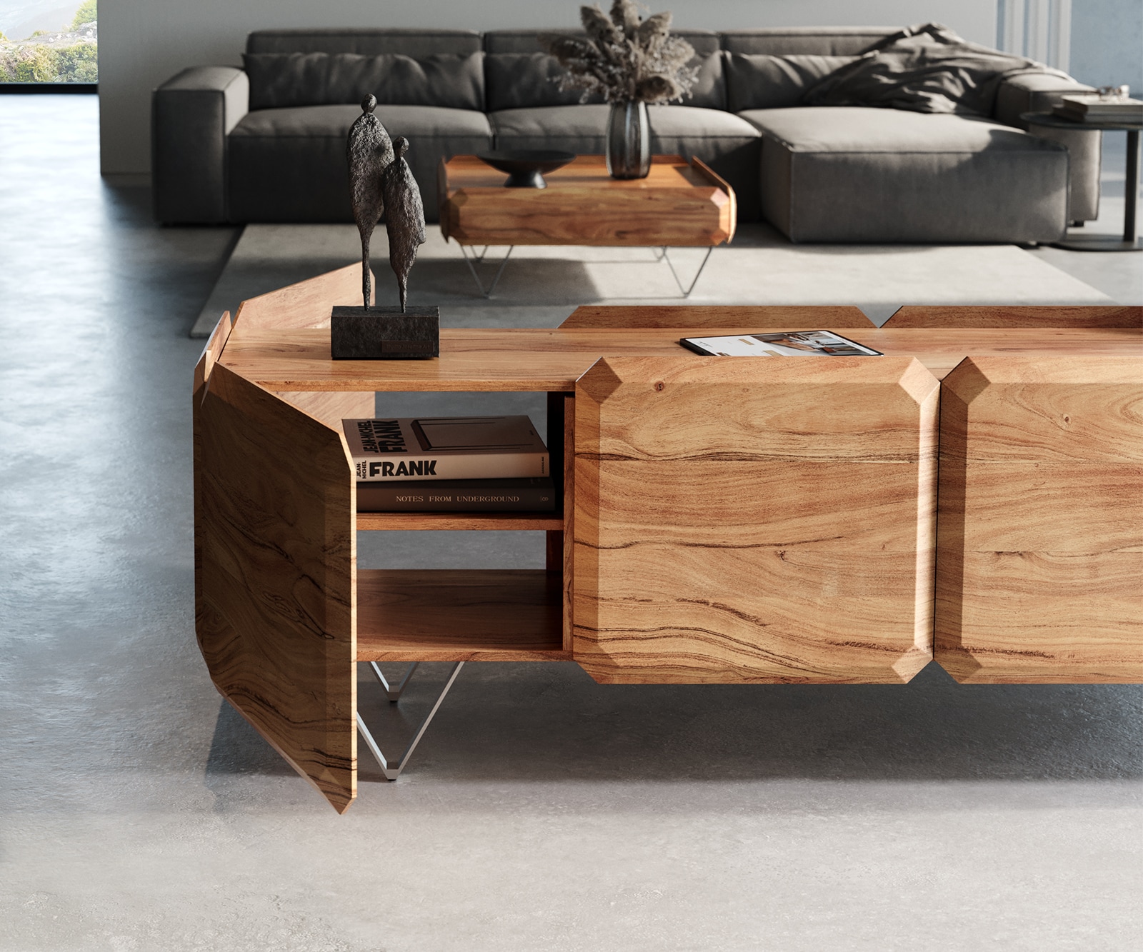 Lowboard Kiano 200 cm Akazie Natur 4 Türen V-Fuß Edelstahl Raumteiler 4 Lowboard Kiano 200 cm Akazie Natur 4 Türen V-Fuß Edelstahl Raumteiler 4