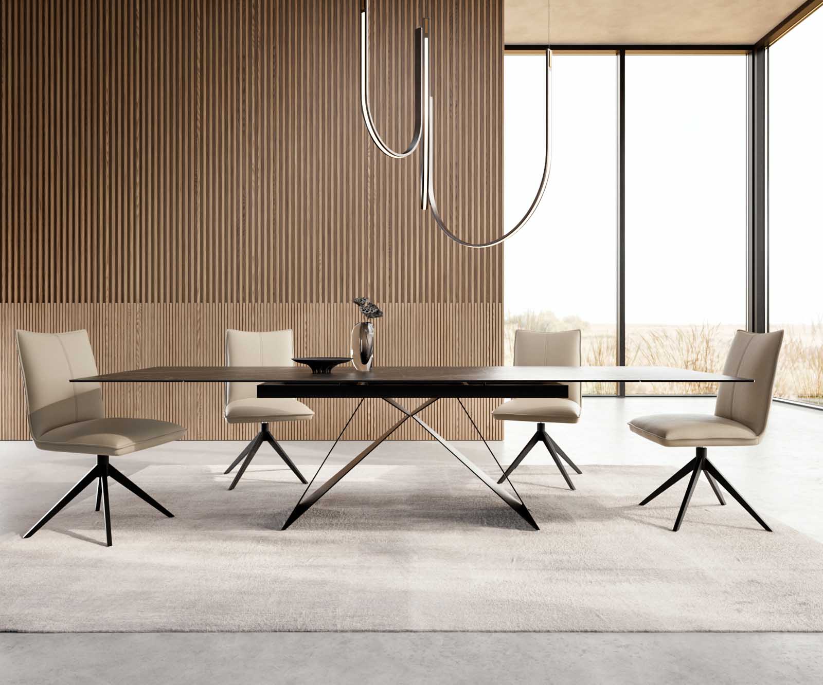 Table à manger Edge 200-300x100 céramique Laminam®Noir Desir marron cadre en V acier plat noir extensible 1