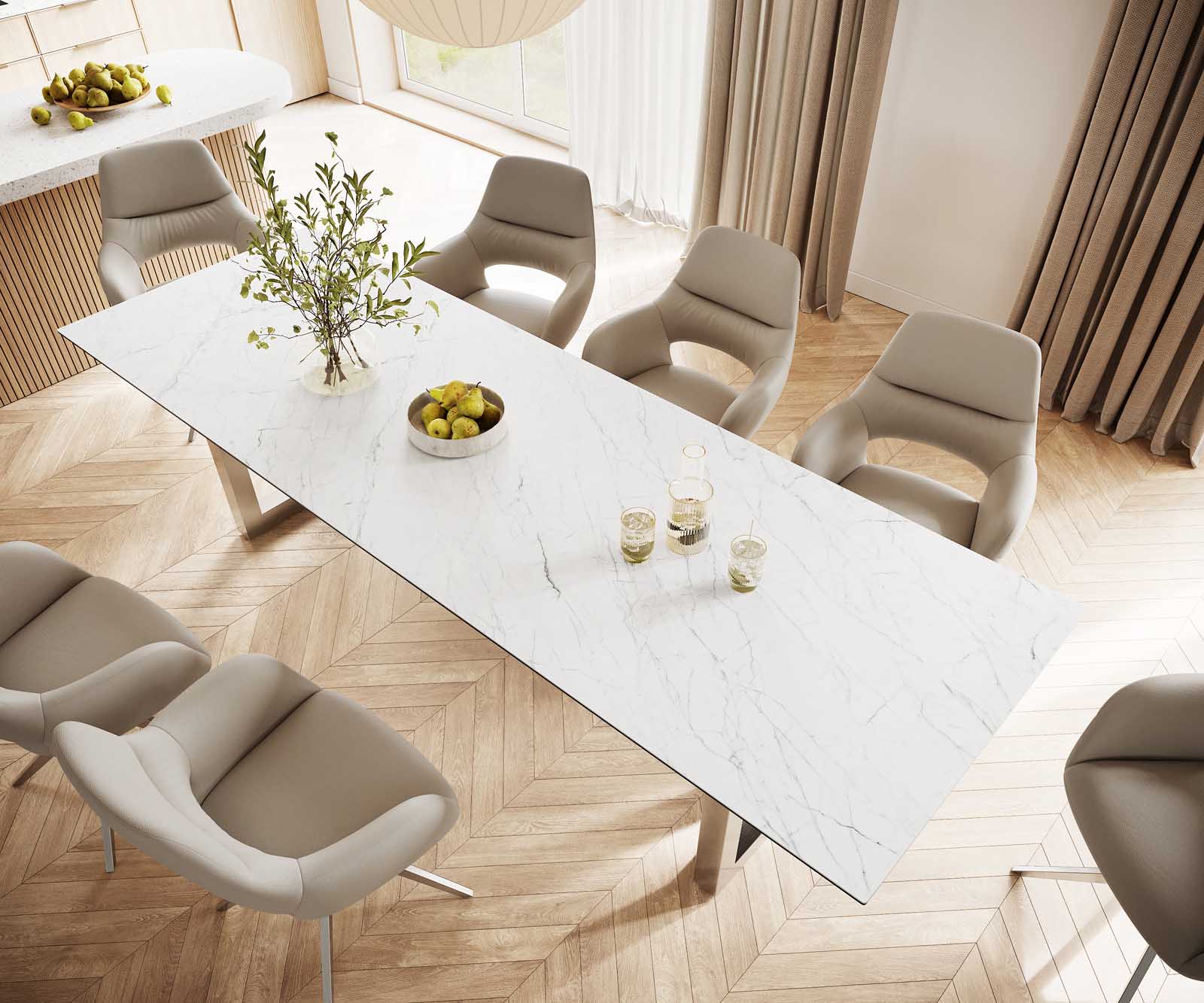 Table-à-manger Edge 300x100 céramique Laminam® statuarietto blanc inox large 3