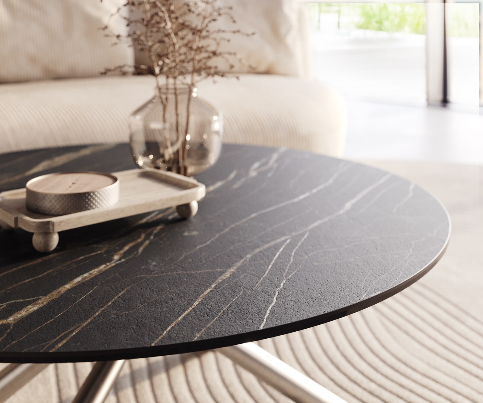 Table basse Edge rond 100x100 cm céramique Laminam® Noir Desir brun Sarity acier inoxydable brossé 3