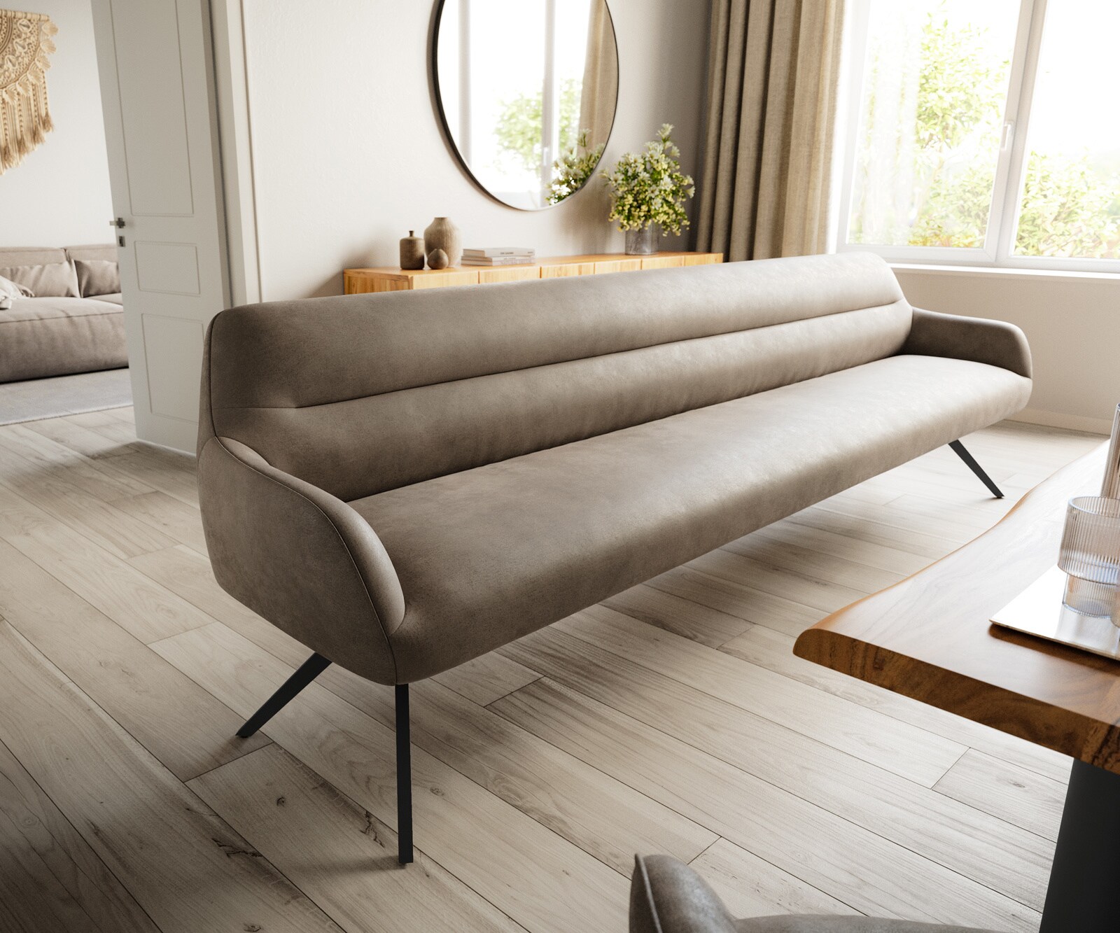 Banc-de-salle-à-manger Taya-Flex 300 cm microfibre taupe vintage pied croisé angulaire noir ressort ensaché