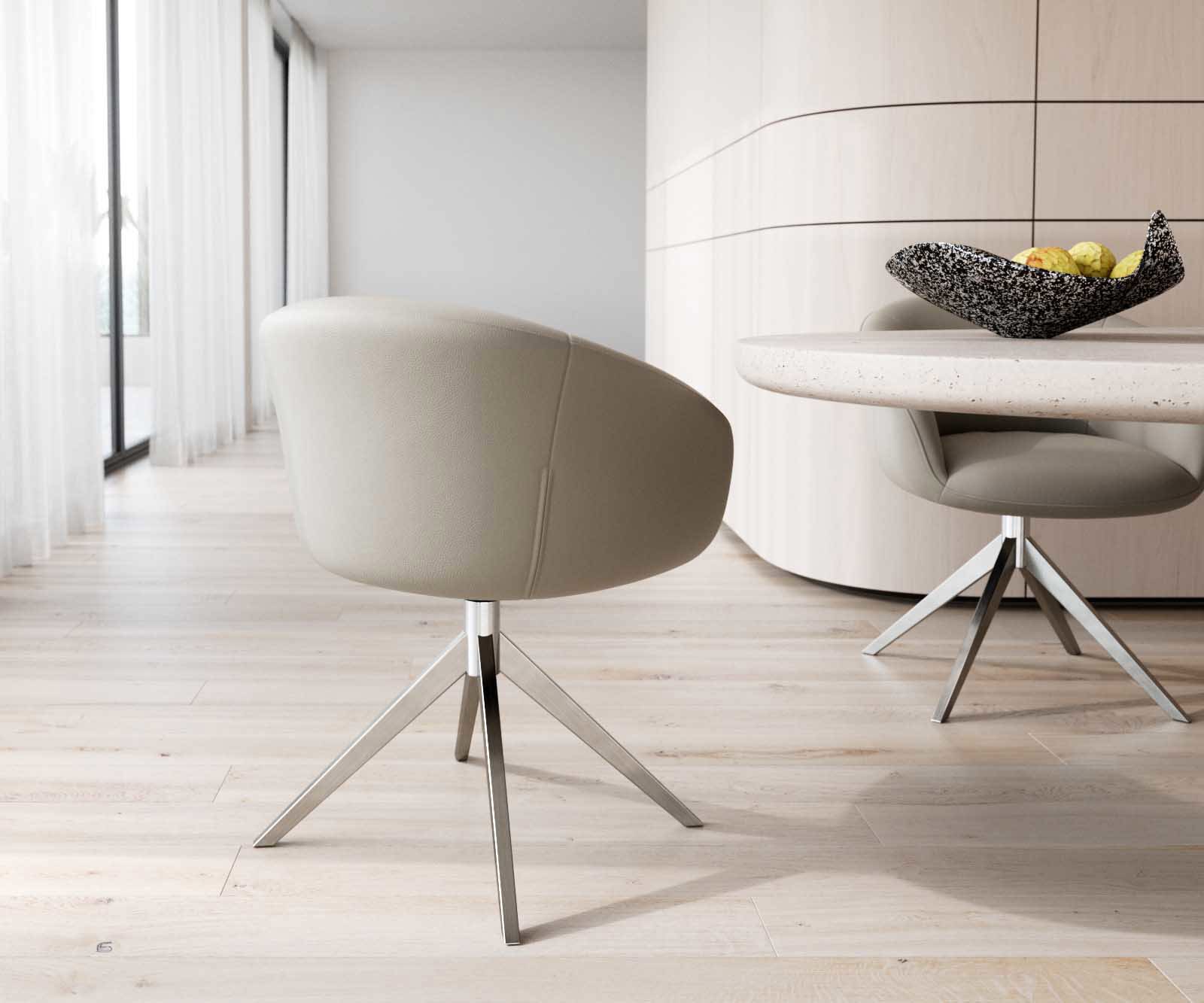 Chaise-pivotante Vinka-Flex avec accoudoirs cuir de vache couleur boue pied croisé large acier inoxydable brossé pivotement sur 360° ressorts ensachés 4