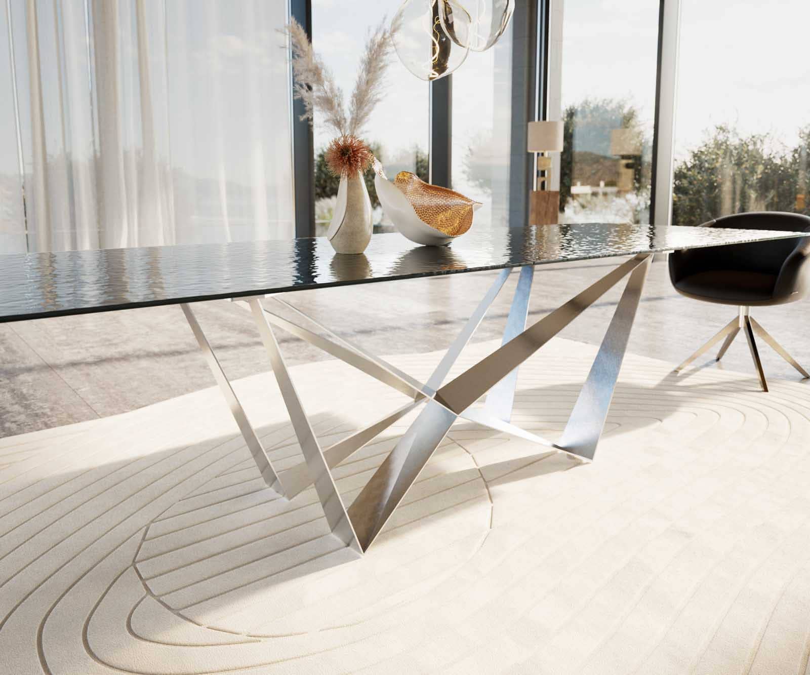 Esstisch Edge 300x100 Reliefglas Rauchschwarz 3D-Design Spider Flachstahl Edelstahl 5 Esstisch Edge 300x100 Reliefglas Rauchschwarz 3D-Design Spider Flachstahl Edelstahl 5