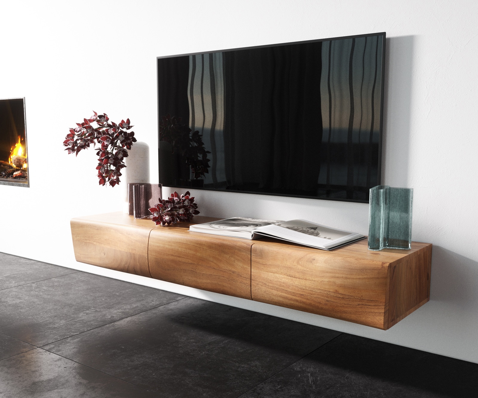 Meuble-TV New Live-Edge 145 cm acacia naturel 3 portes flottantes Meuble-TV New Live-Edge 145 cm acacia naturel 3 portes flottantes