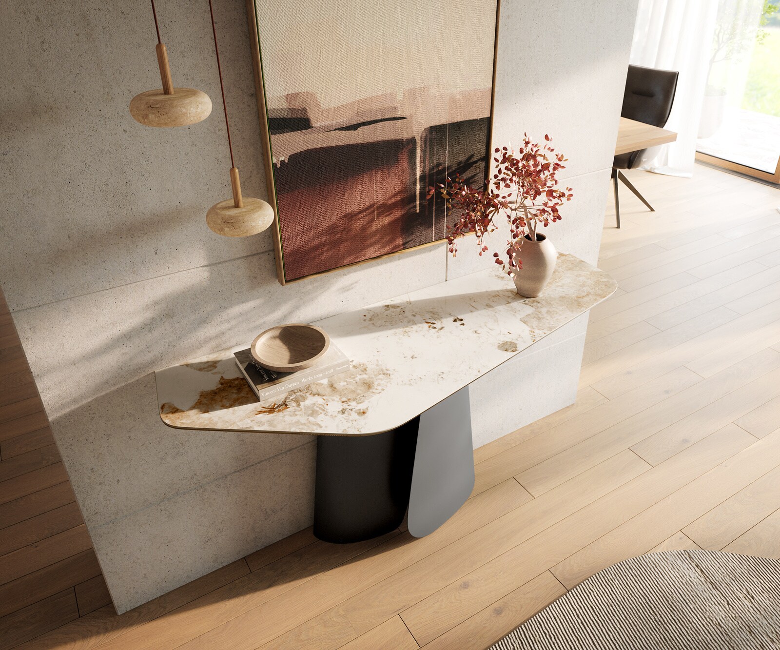 Console Edge Polygonal 140x50 cm Céramique Minas Melange Weiß-Beige Livos Métal Noir 2