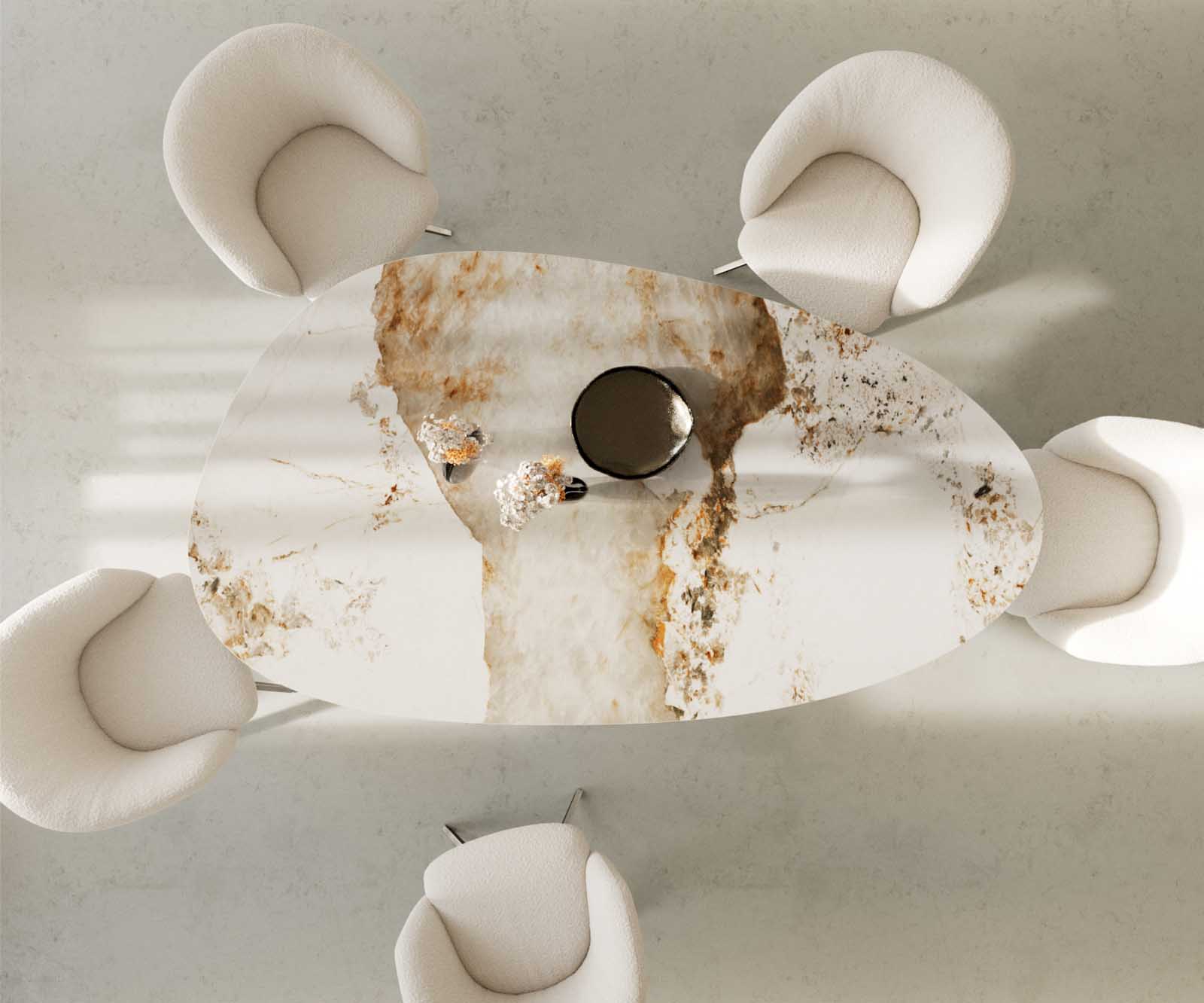 Table à manger Edge Oval 220x120 Céramique Minas Melange Blanc-Beige Pilier Acier inoxydable 5