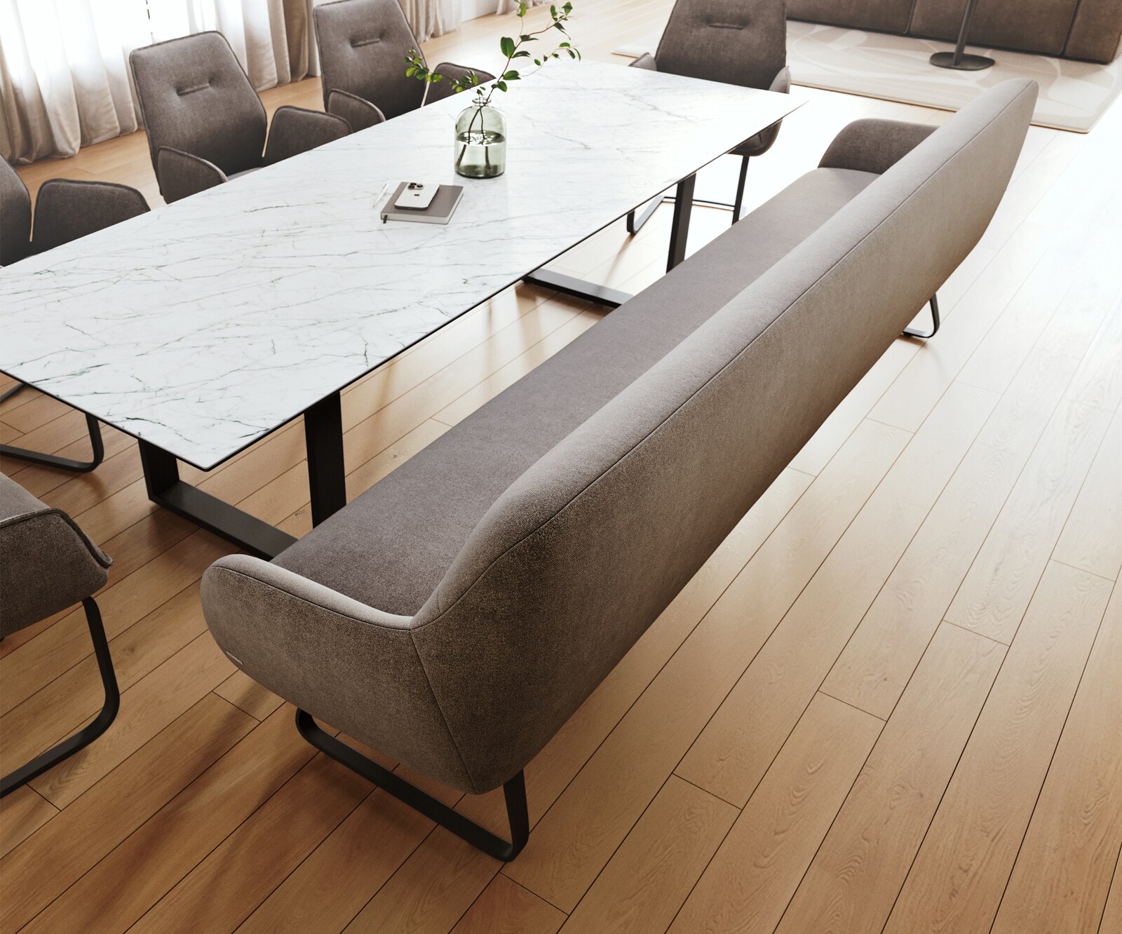 Banc-de-salle-à-manger Taya-Flex 300 cm tissu structuré doux taupe châssis à patins plat noir ressort ensaché 4