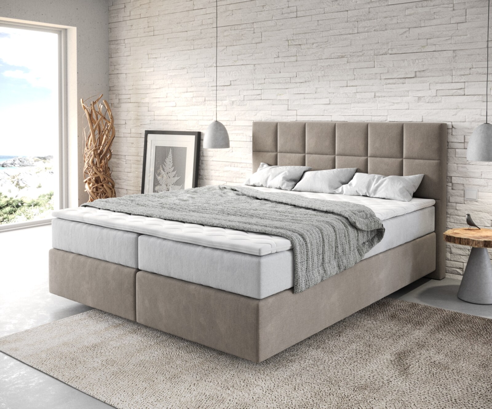 Lit-à-sommier-tapissier Dream-Fine 160x200 cm Microfibre Beige avec matelas TFK et surmatelas viscoélastique 1