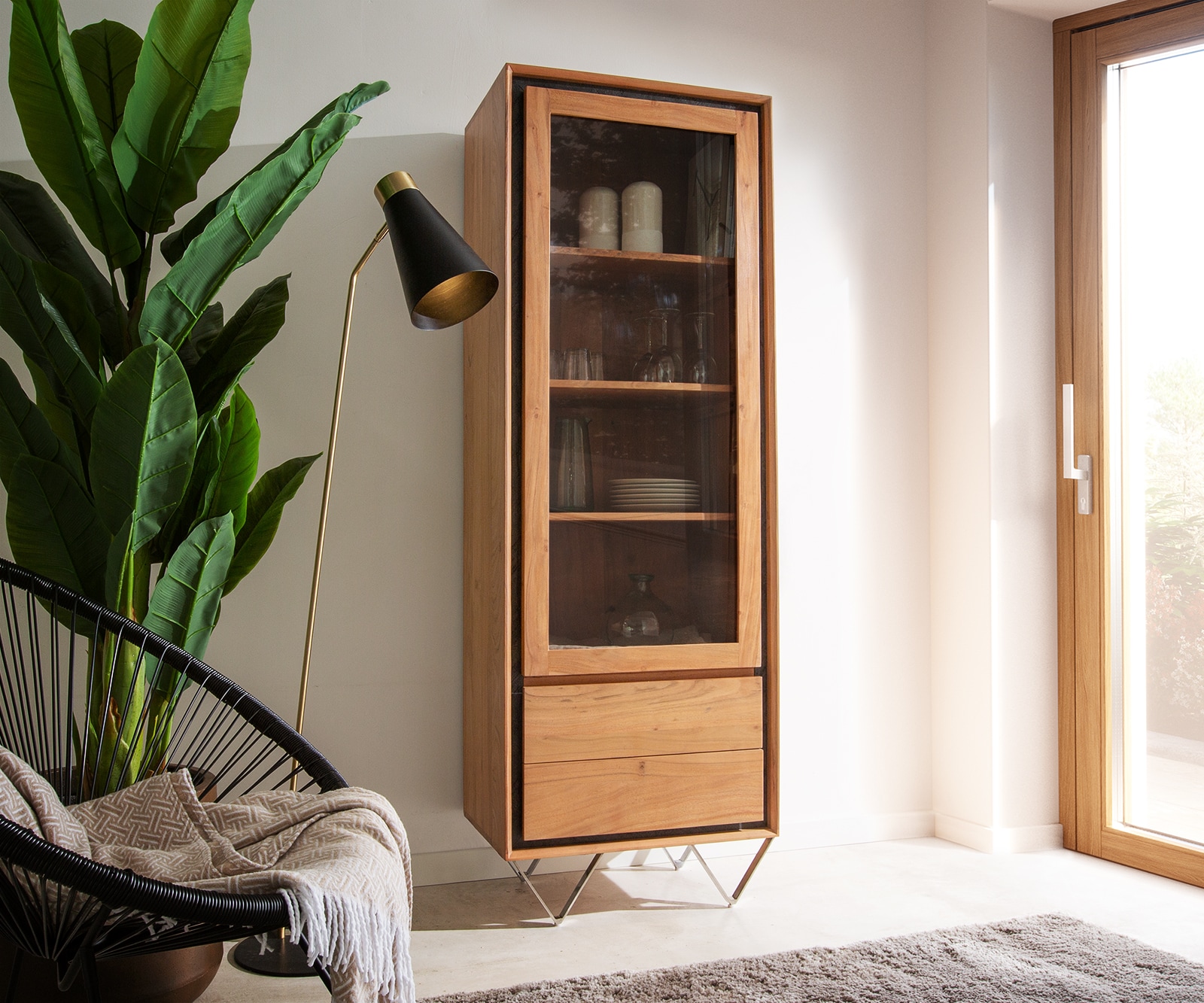 Vitrine Stonegrace 60x175 acacia nature 1portes  2 tiroirs placage en pierre pieds en V Vitrine Stonegrace 60x175 acacia nature 1portes  2 tiroirs placage en pierre pieds en V