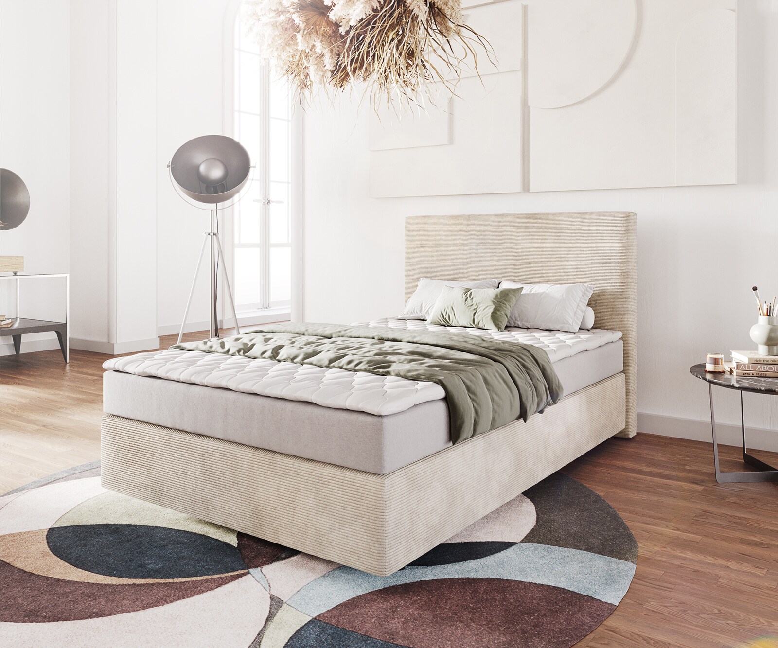 Boxspringbett Dream-Well 120x200 cm Cord Beige mit Matratze und Topper 1